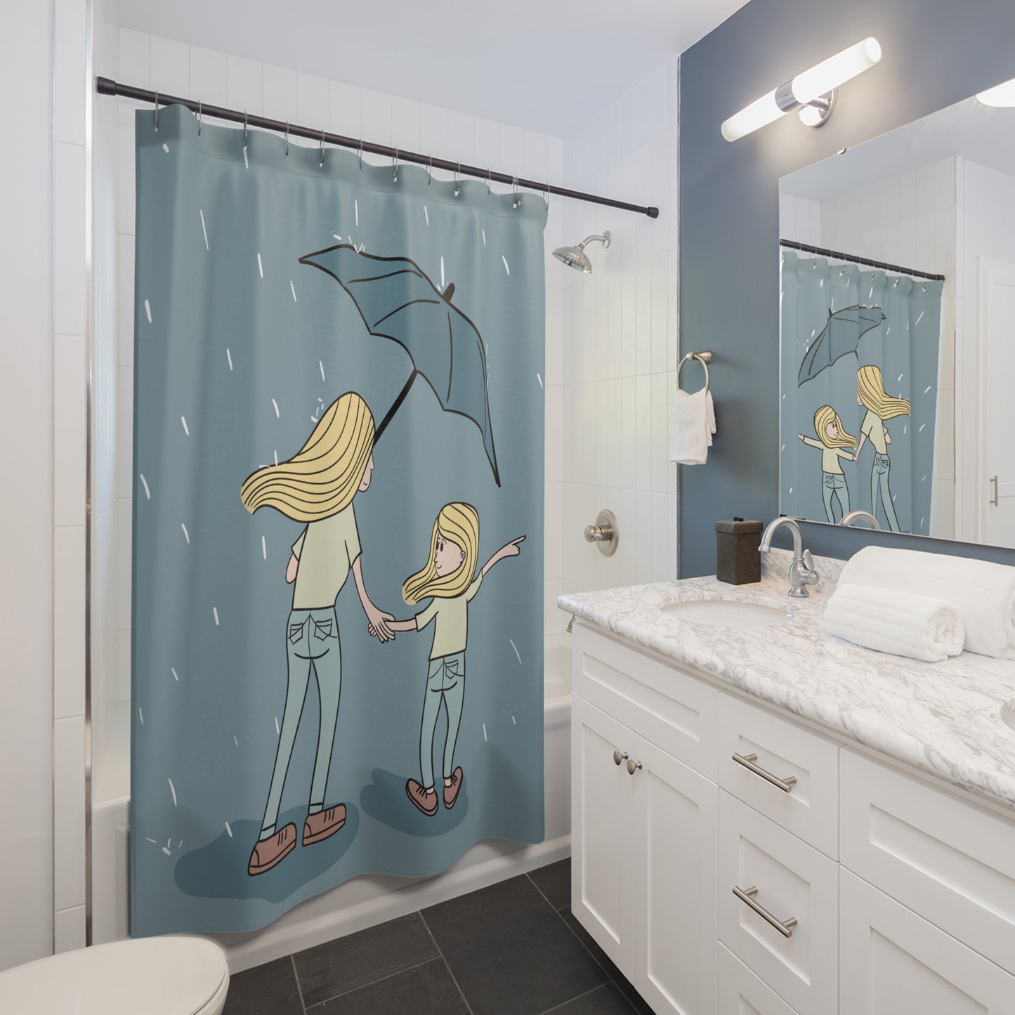 Warm Family Shower Curtain | Mother and Daughter Sharing an Umbrella in the Rain