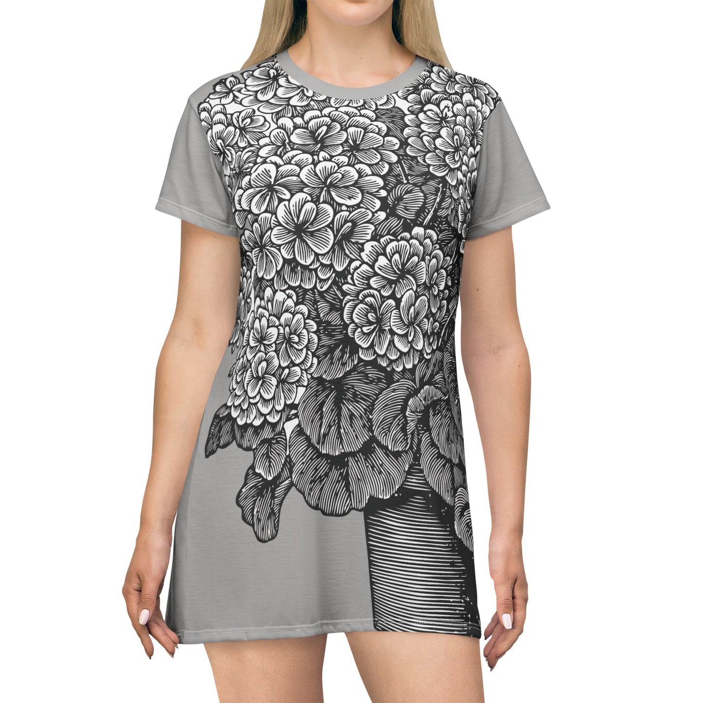 T-Shirt Dress | Daisy Pot Sketch Design | Elegant and Fresh