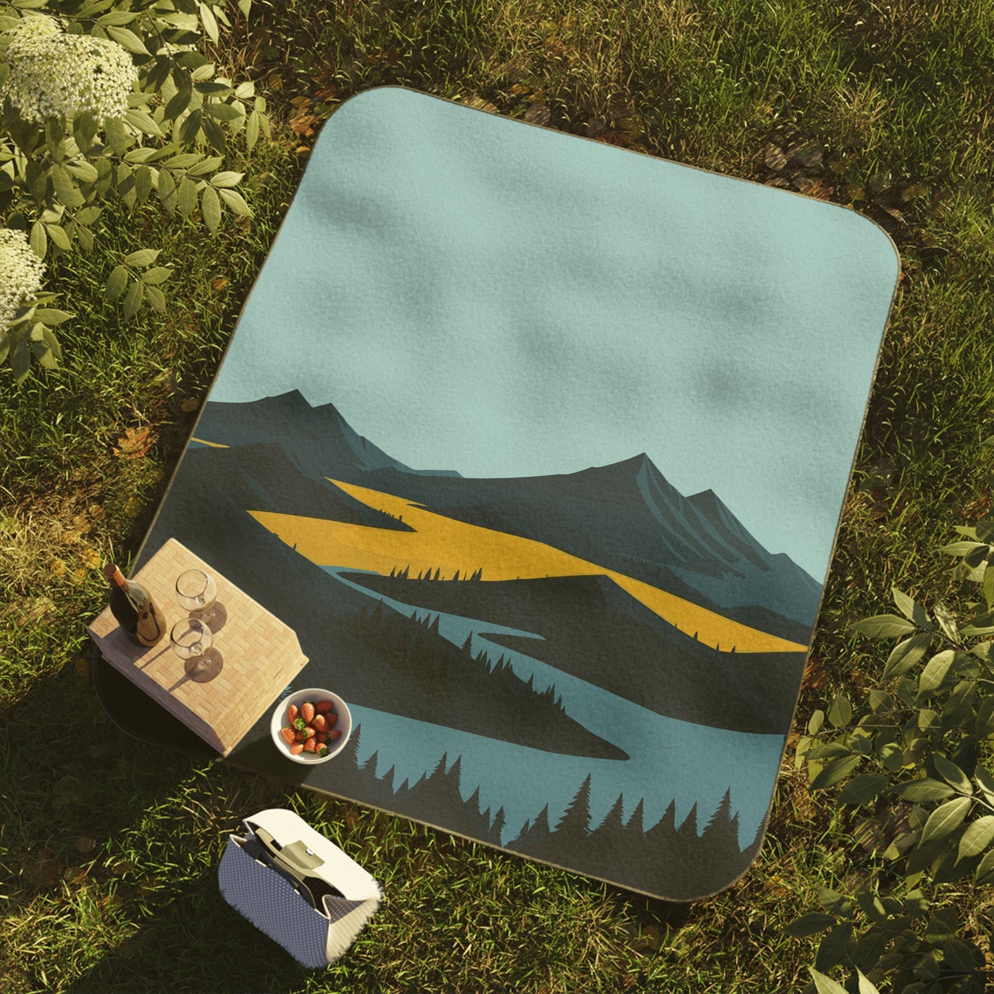 Blanket of Tranquility | Serene River and Mountain Picnic Blanket