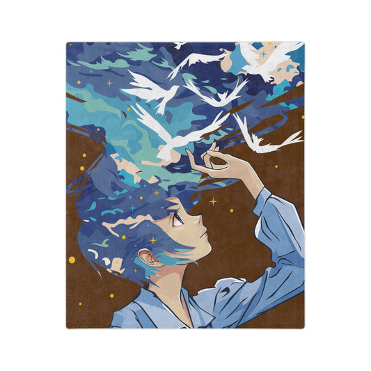 Velveteen Microfiber Blanket | Green-Haired Girl and White Birds