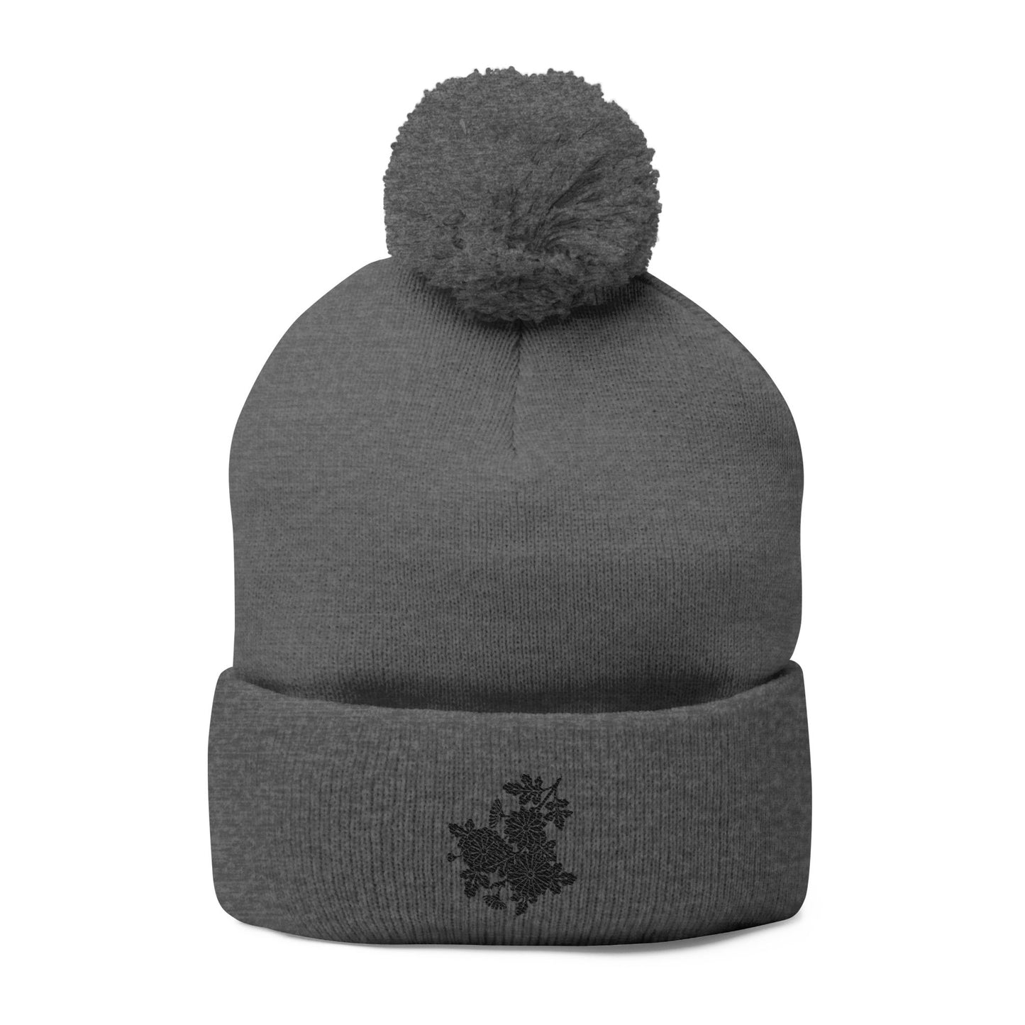 Decorative Floral Charm | Embroidered Pom-Pom Knit Cap