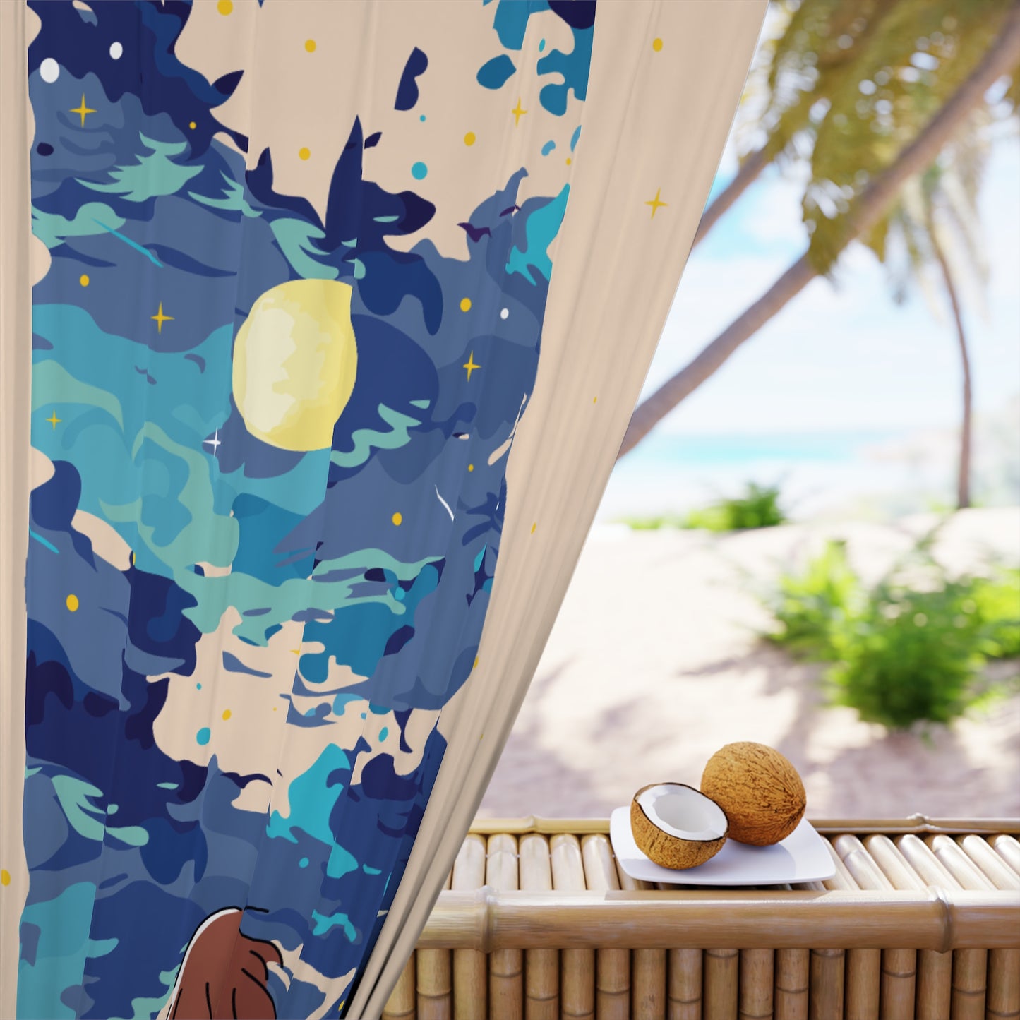 MoonVista | One-Panel Window Curtain Featuring Girl Gazing at Moon and Stars
