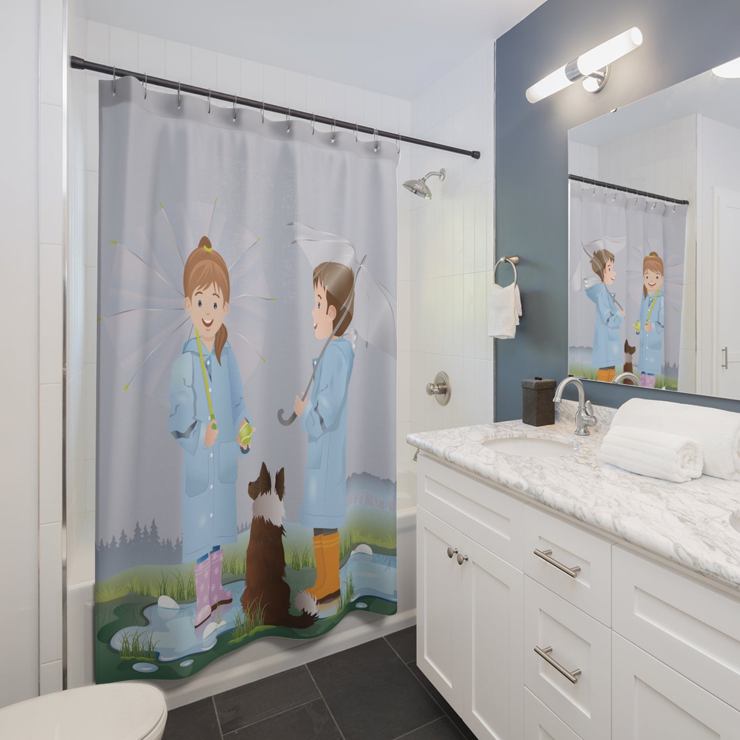 Rainy Day Memory | Kids, Dog & Umbrella Shower Curtain