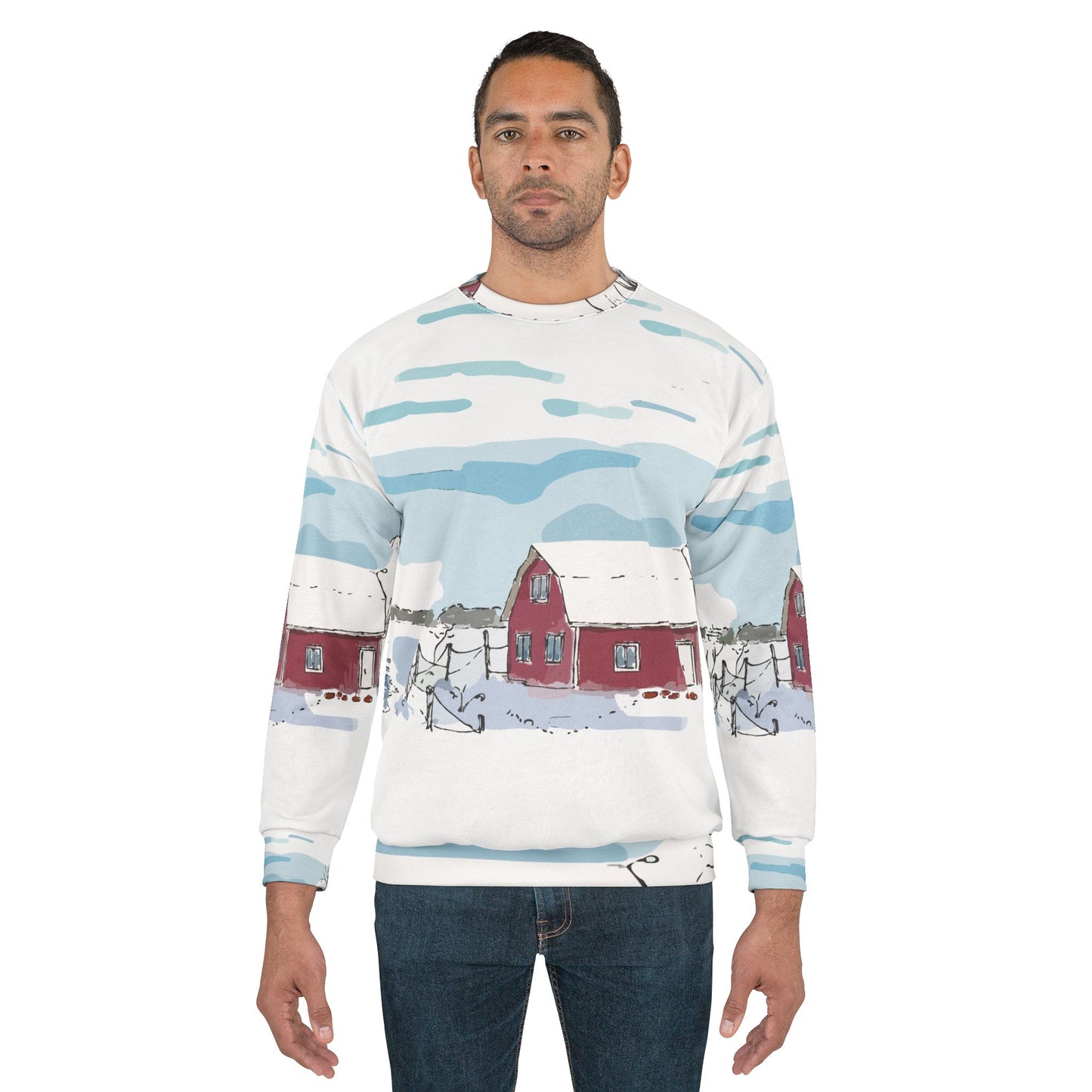 Unisex All-Over Print Sweatshirt | “Winter Cottage Serenity”