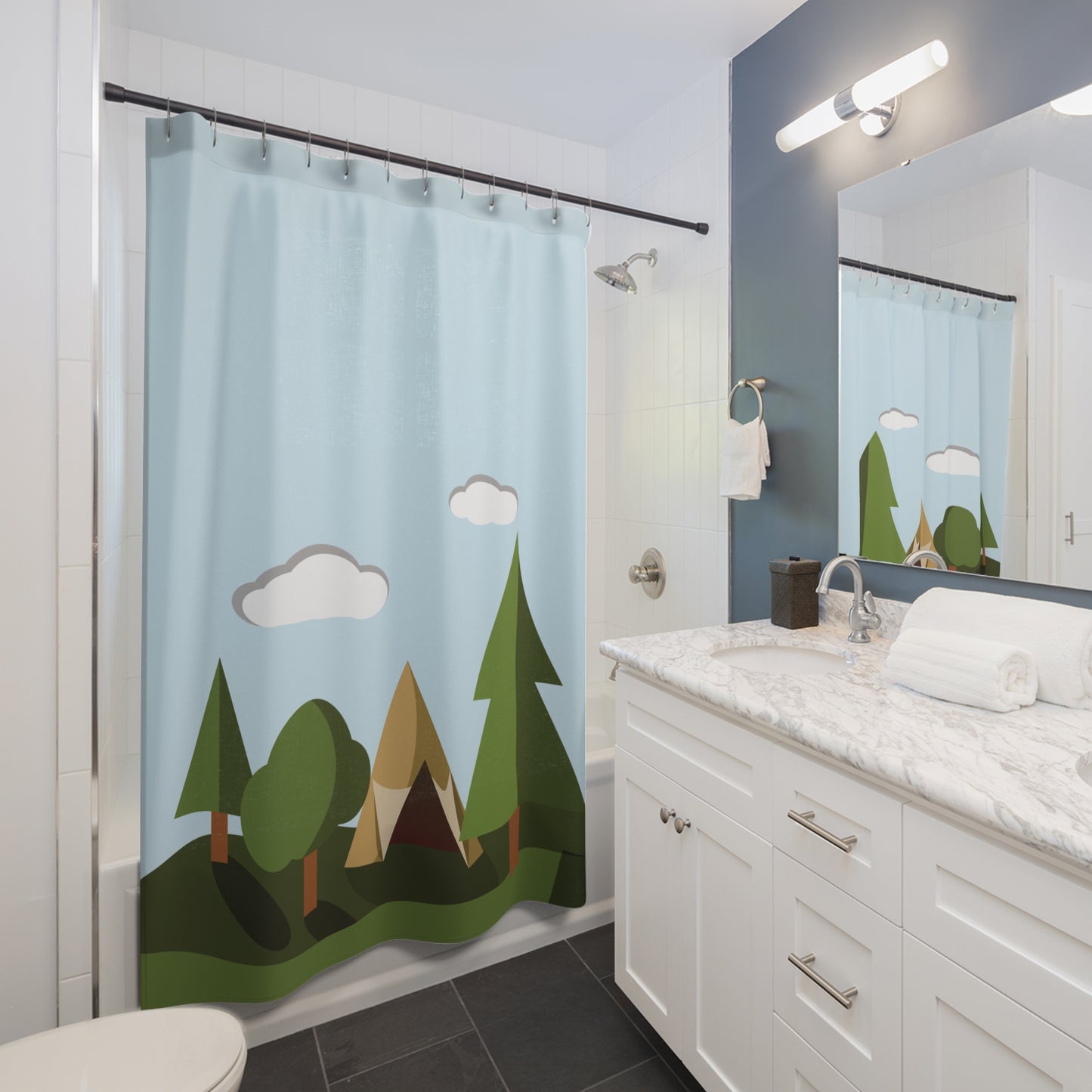 “Forest Dream” Shower Curtain | Tranquil Camping Scene in the Woods