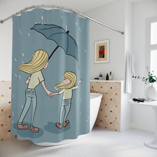 Warm Family Shower Curtain | Mother and Daughter Sharing an Umbrella in the Rain