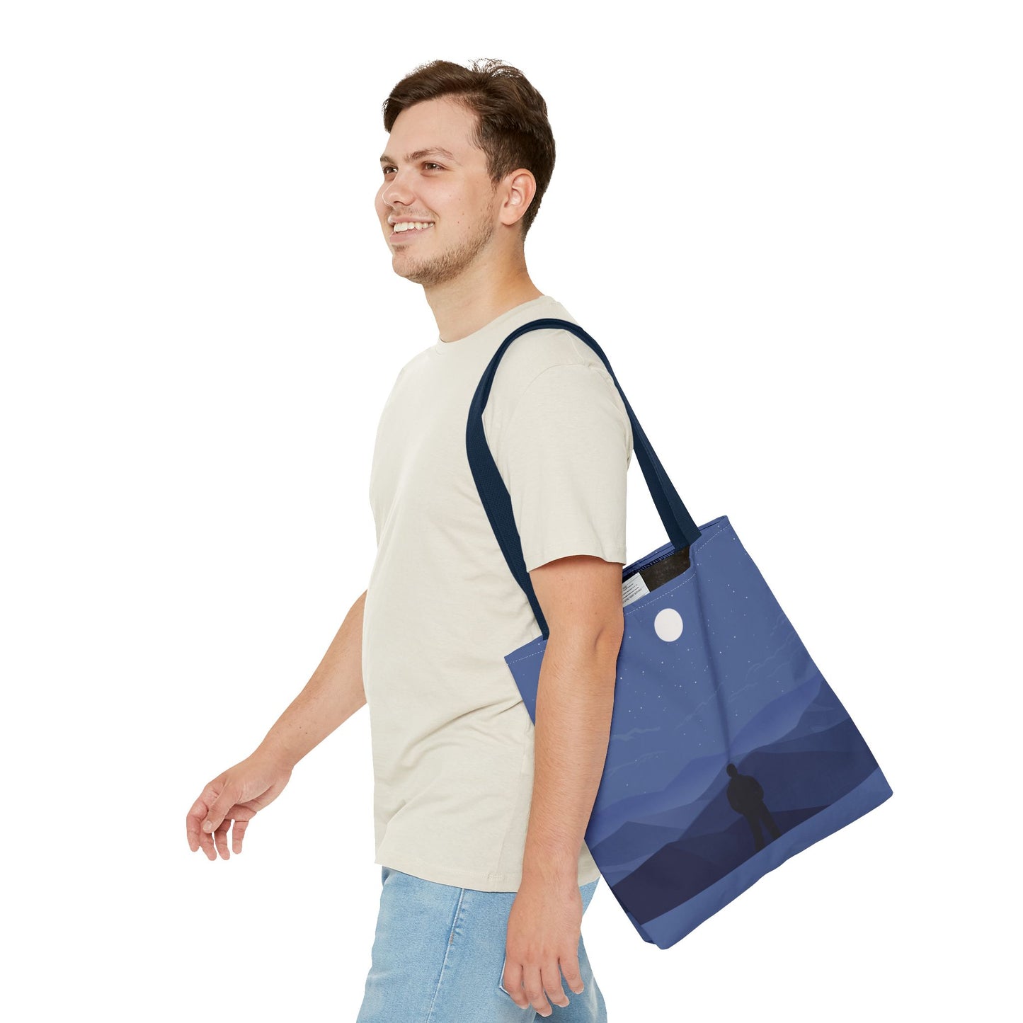Artistic Tote Bag | Man Standing on Mountain Peak Watching the Moon
