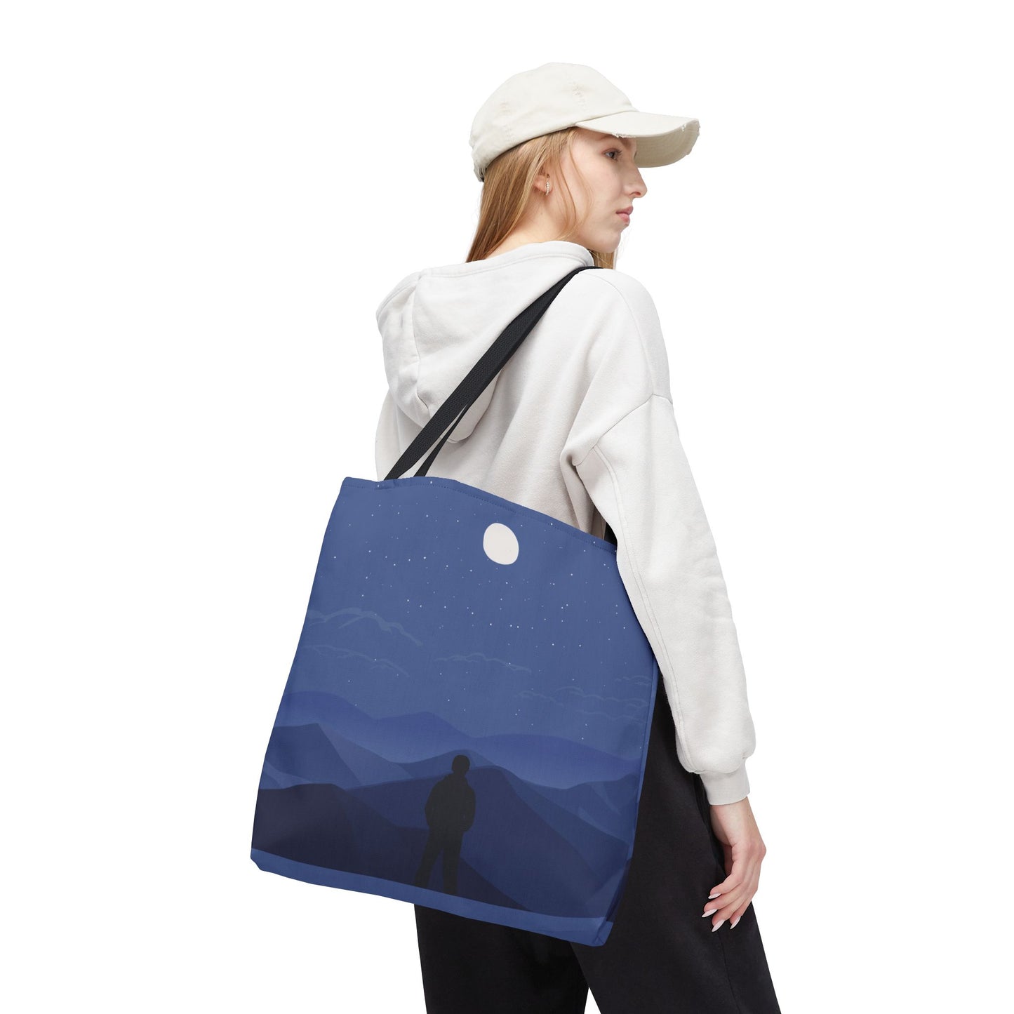 Artistic Tote Bag | Man Standing on Mountain Peak Watching the Moon