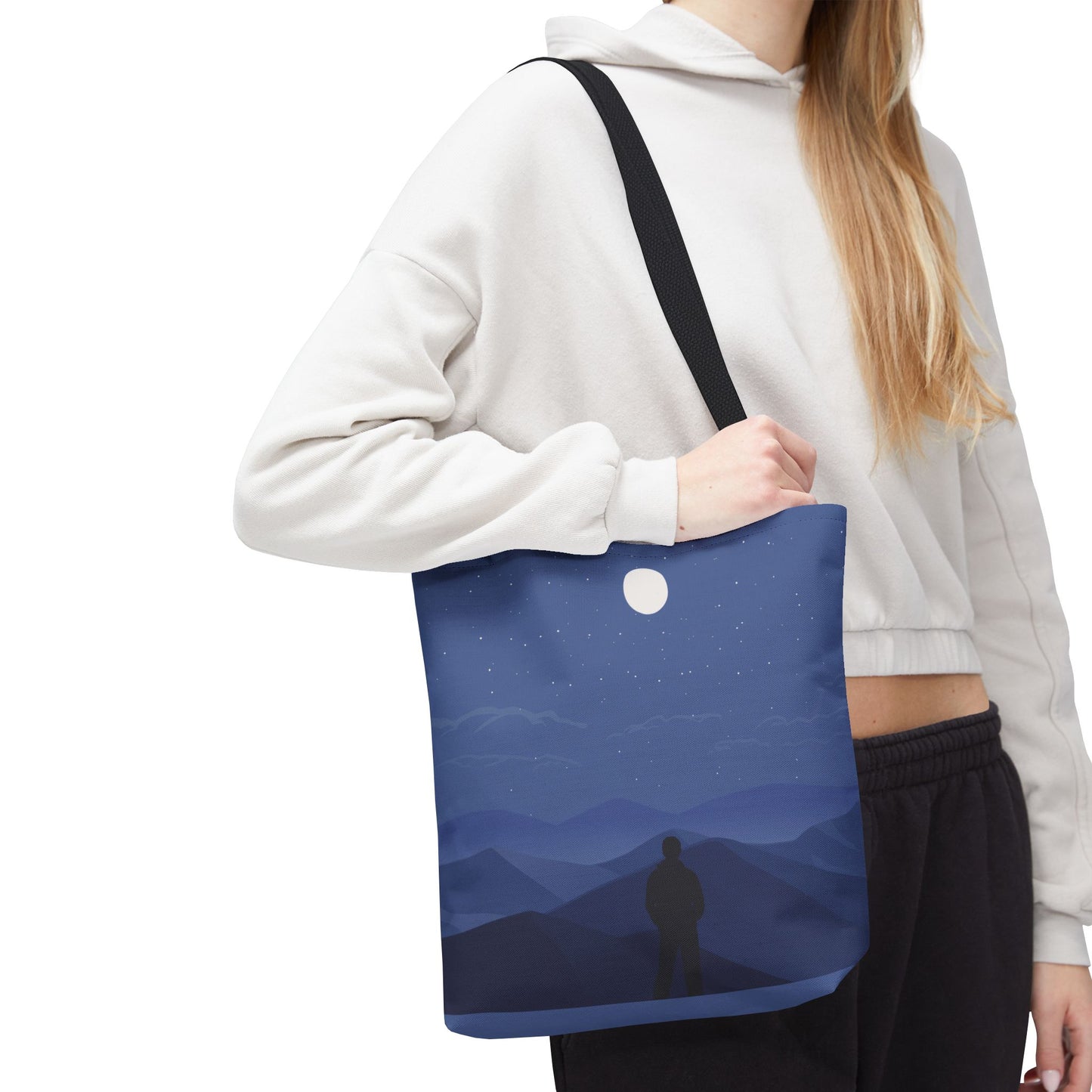 Artistic Tote Bag | Man Standing on Mountain Peak Watching the Moon