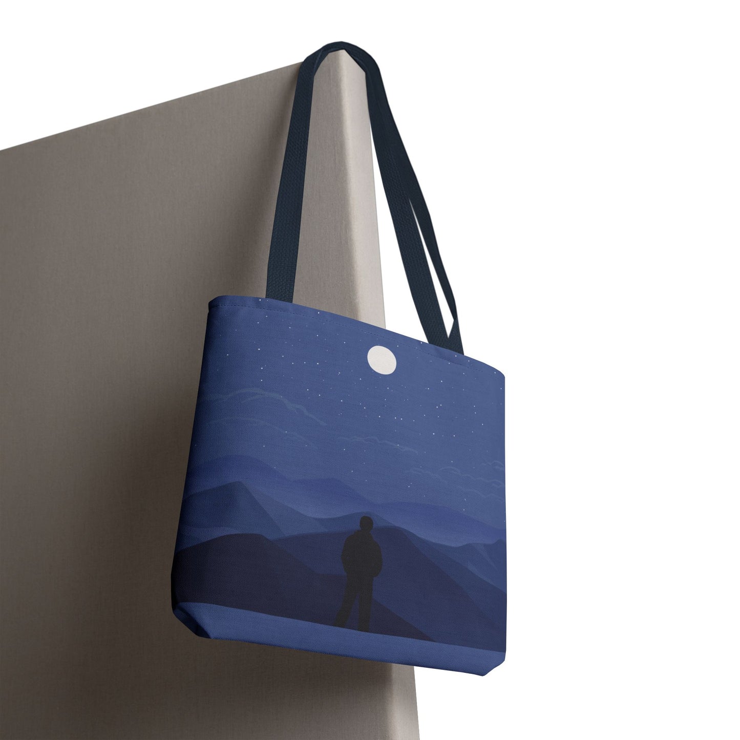 Artistic Tote Bag | Man Standing on Mountain Peak Watching the Moon