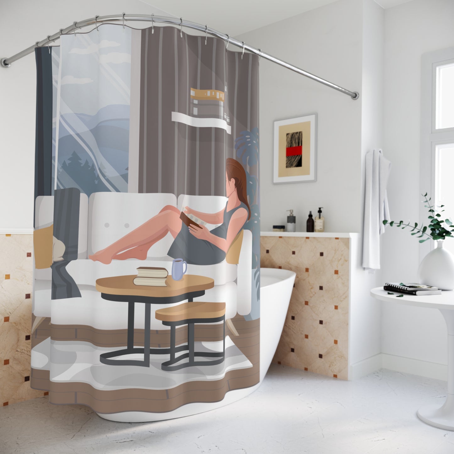 Daily Cozy Mood | Artistic Shower Curtain - Girl Reading with Dog