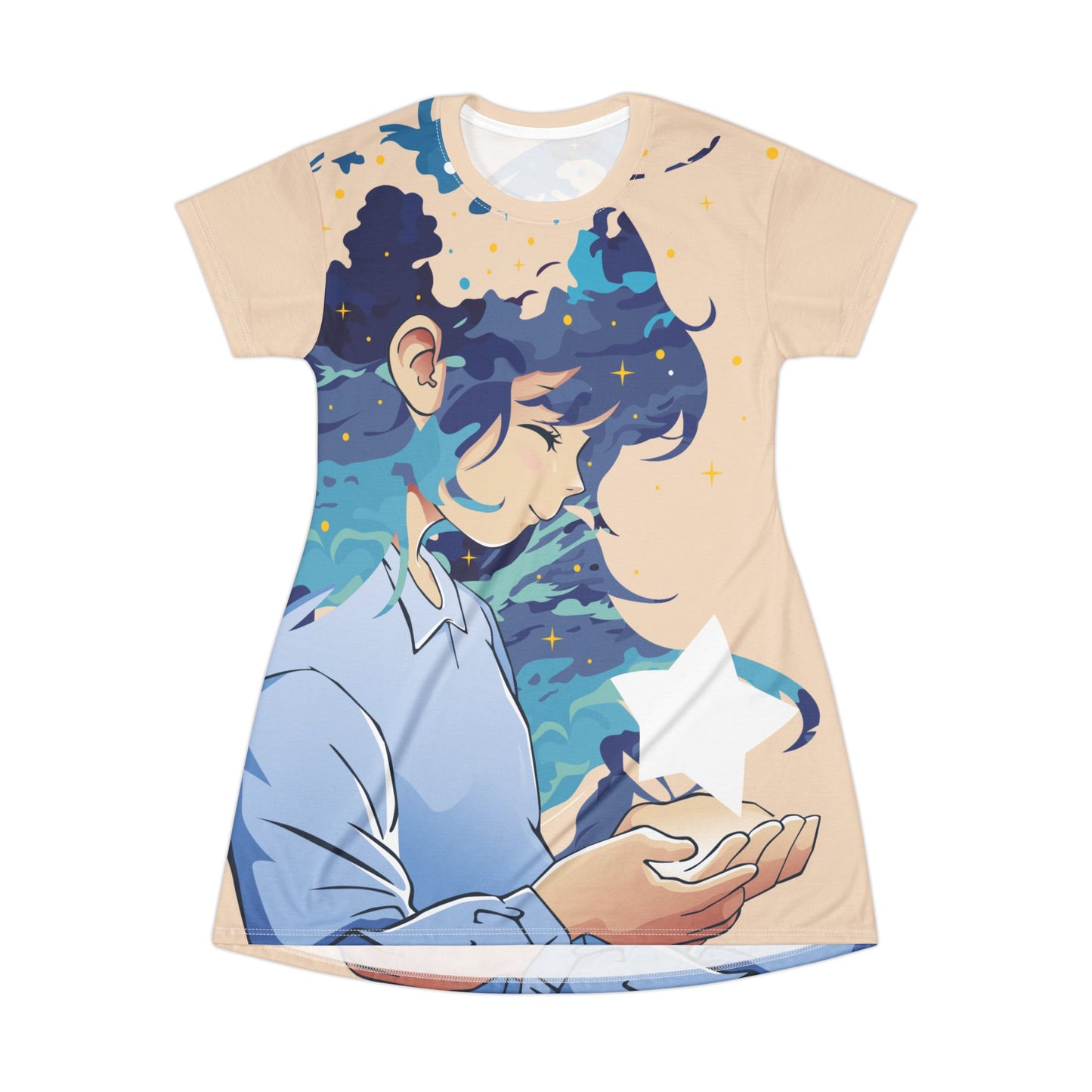 Dream Star T-Shirt Dress | Artistic Girl Holding a Star Design | Casual Streetwear for Dreamers