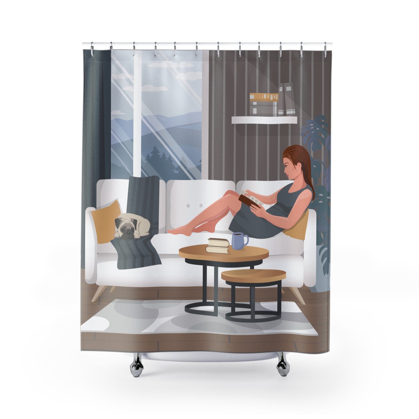 Daily Cozy Mood | Artistic Shower Curtain - Girl Reading with Dog