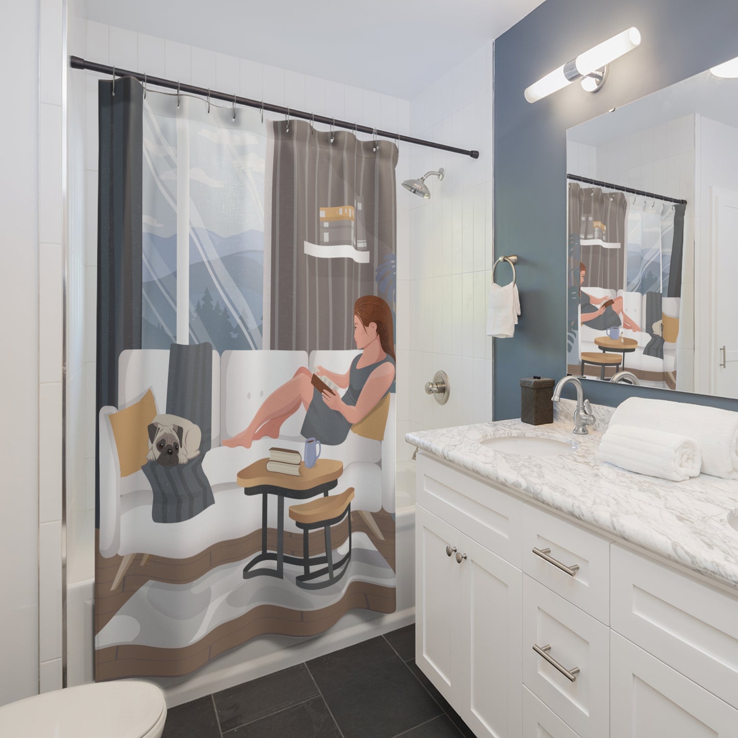 Daily Cozy Mood | Artistic Shower Curtain - Girl Reading with Dog
