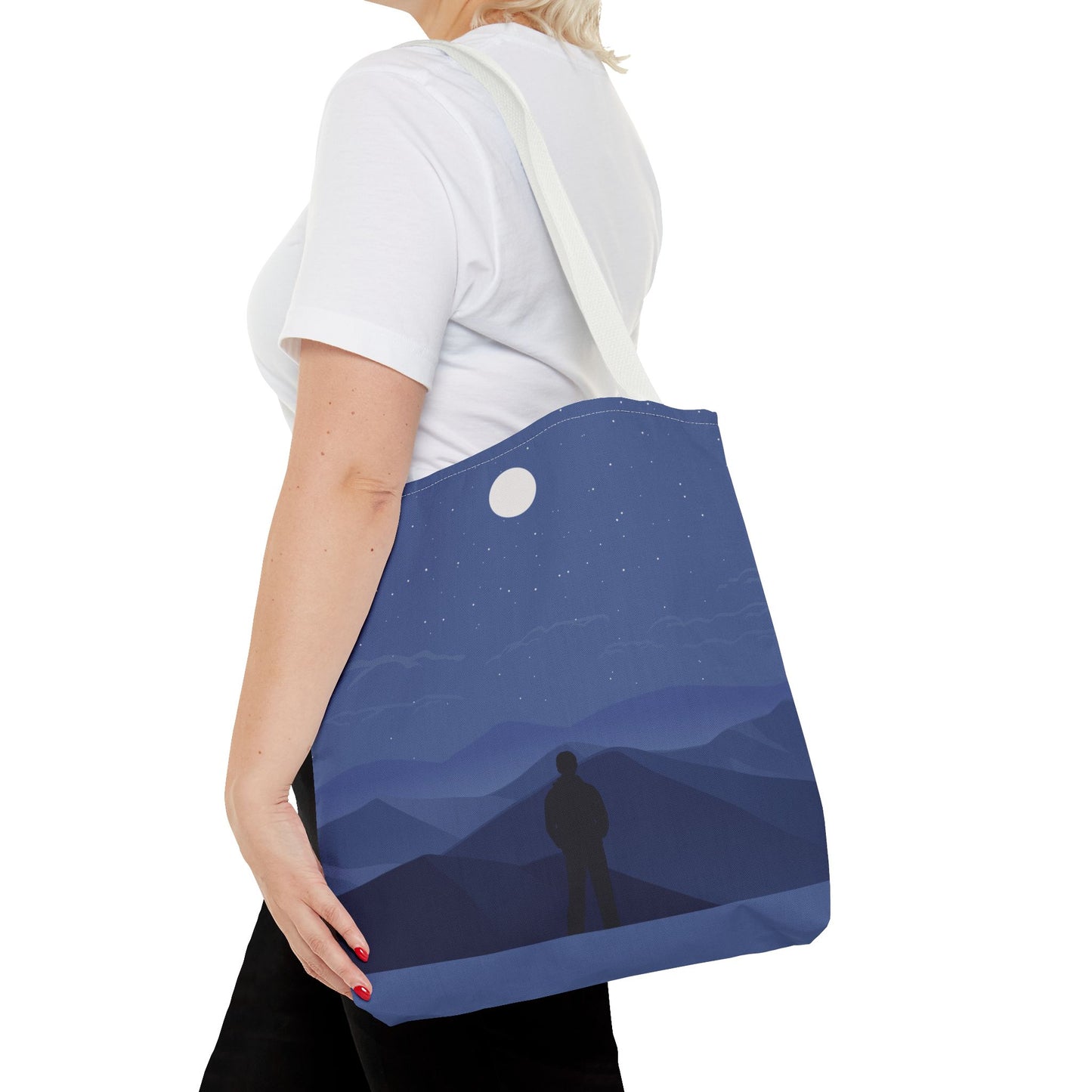 Artistic Tote Bag | Man Standing on Mountain Peak Watching the Moon