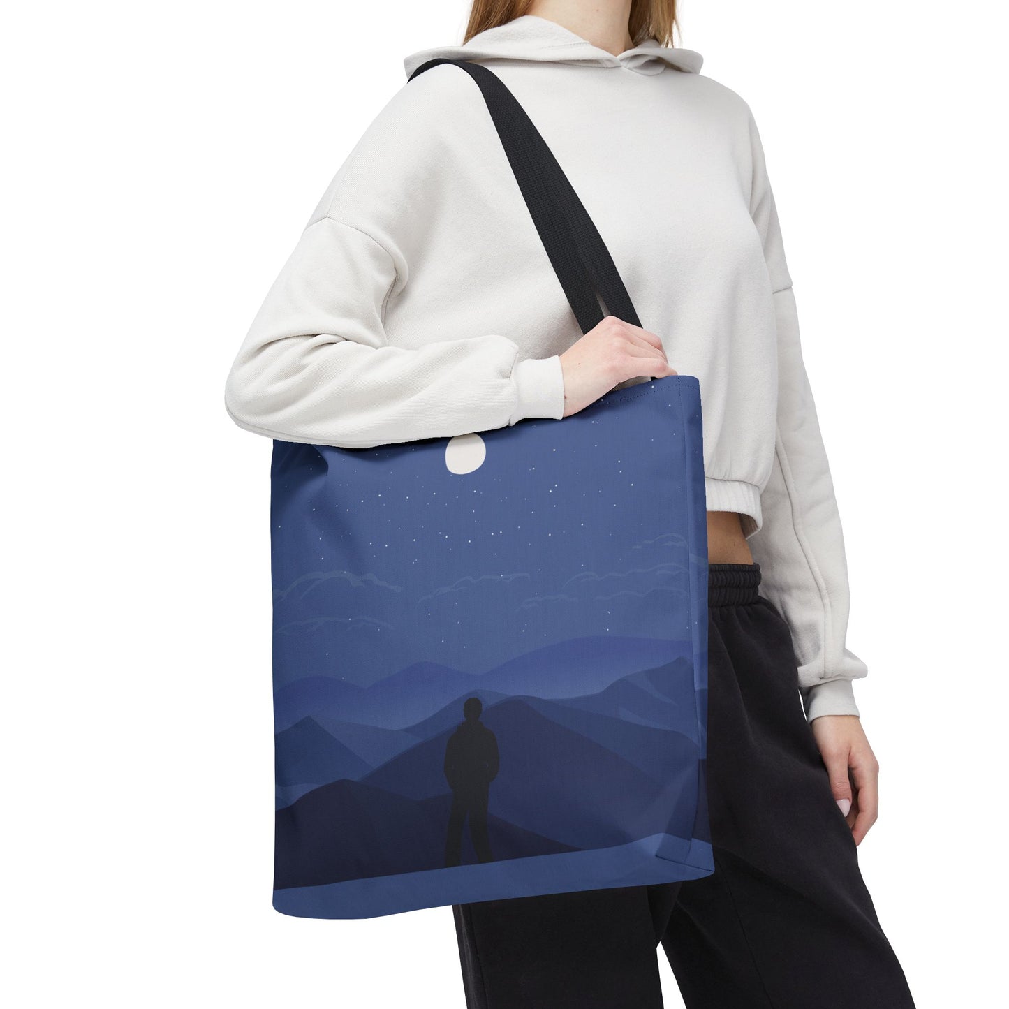 Artistic Tote Bag | Man Standing on Mountain Peak Watching the Moon
