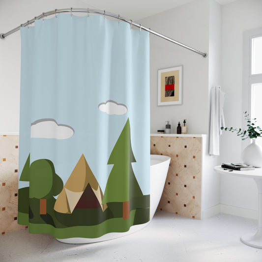 “Forest Dream” Shower Curtain | Tranquil Camping Scene in the Woods