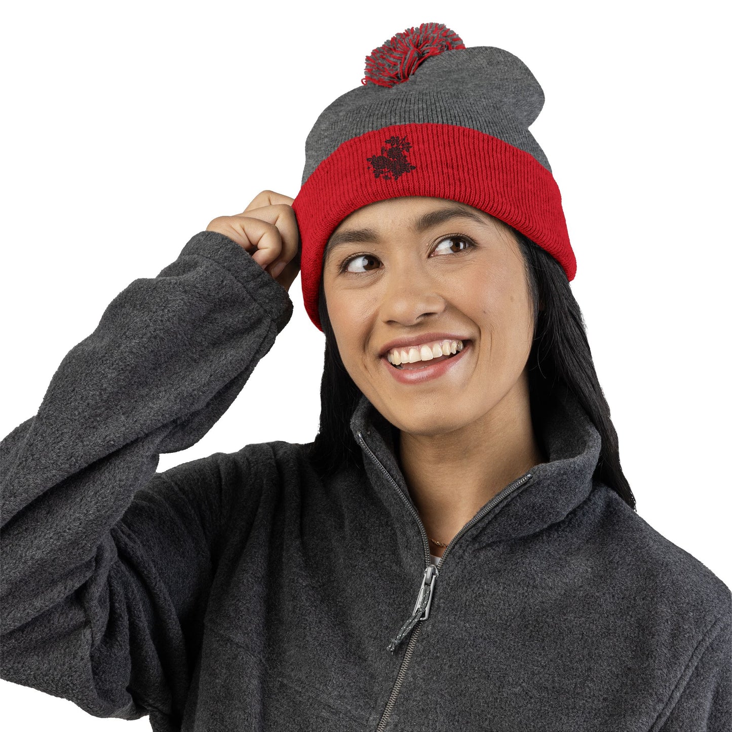 Decorative Floral Charm | Embroidered Pom-Pom Knit Cap