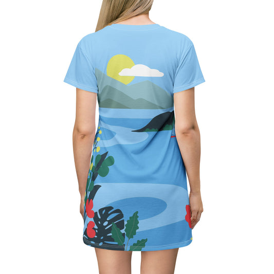 All-Over Print T-shirt Dress | Seaside Village & Mountain Scene | Effortless, Natural & Free-Spirited
