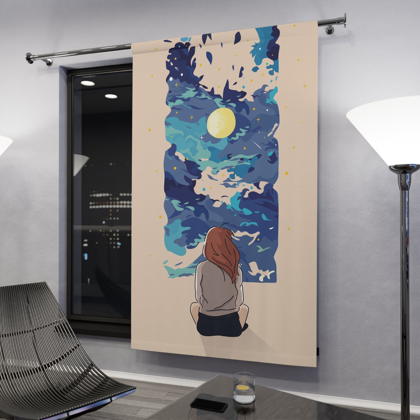 MoonVista | One-Panel Window Curtain Featuring Girl Gazing at Moon and Stars