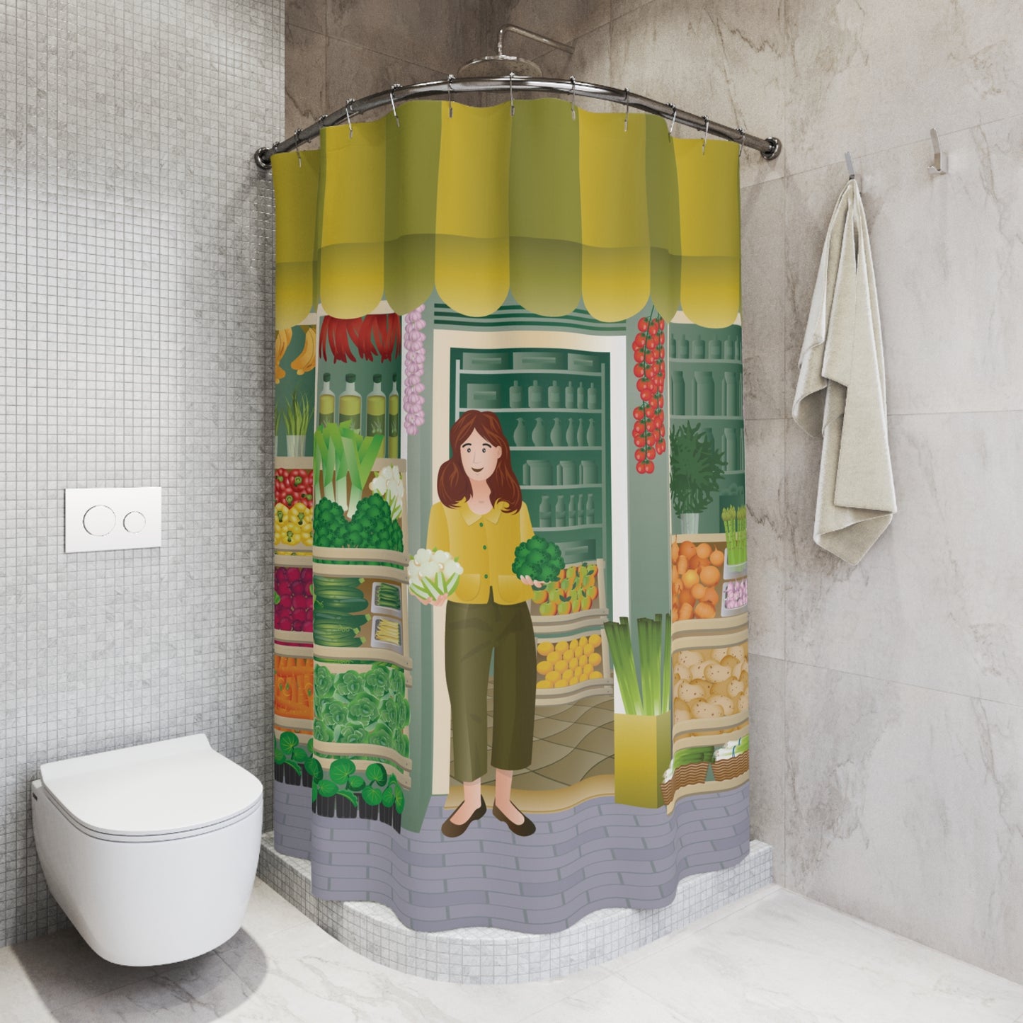 Shower Curtain | Girl Buying Vegetables | Everyday Art for Your Bathroom