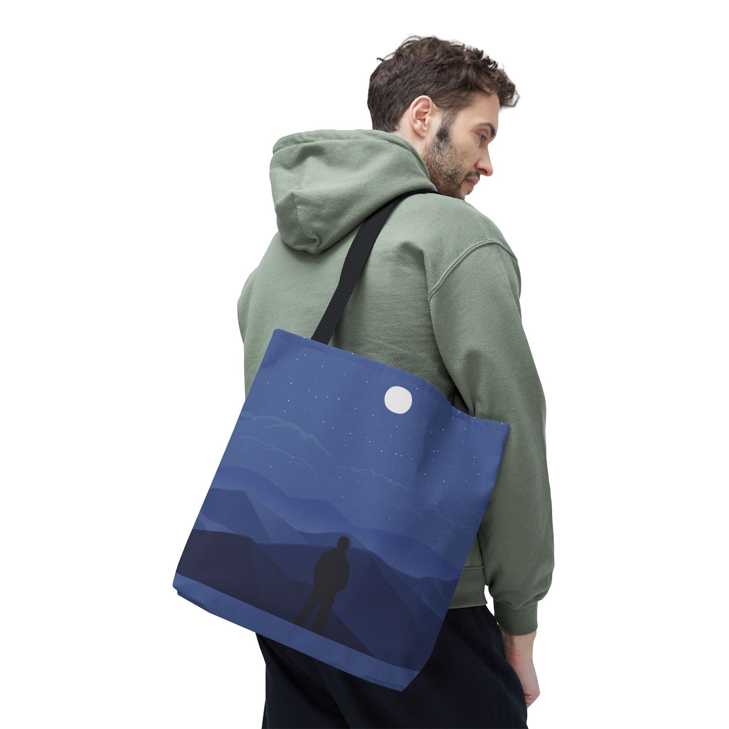 Artistic Tote Bag | Man Standing on Mountain Peak Watching the Moon