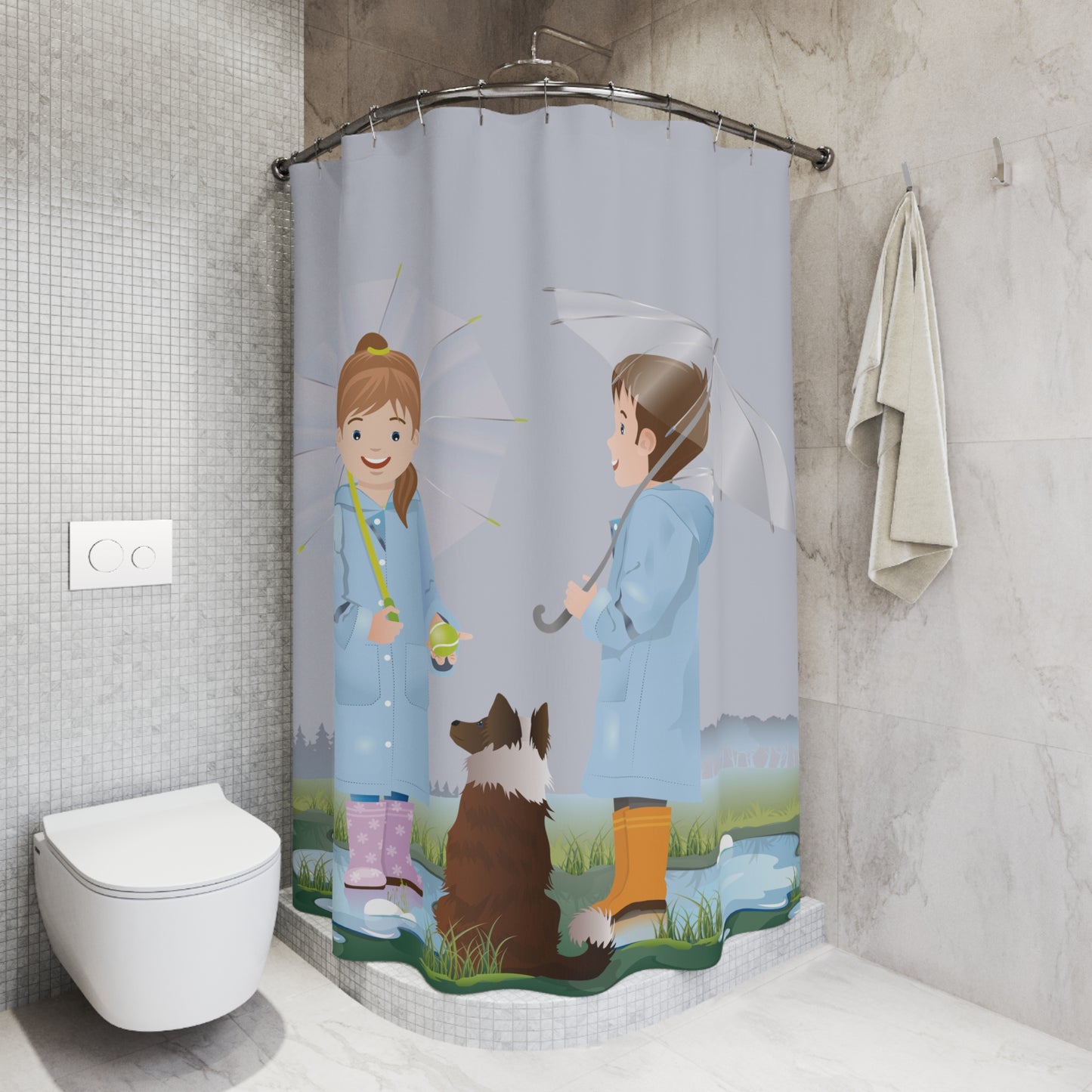 Rainy Day Memory | Kids, Dog & Umbrella Shower Curtain