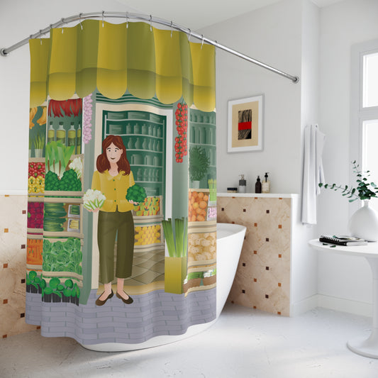 Shower Curtain | Girl Buying Vegetables | Everyday Art for Your Bathroom