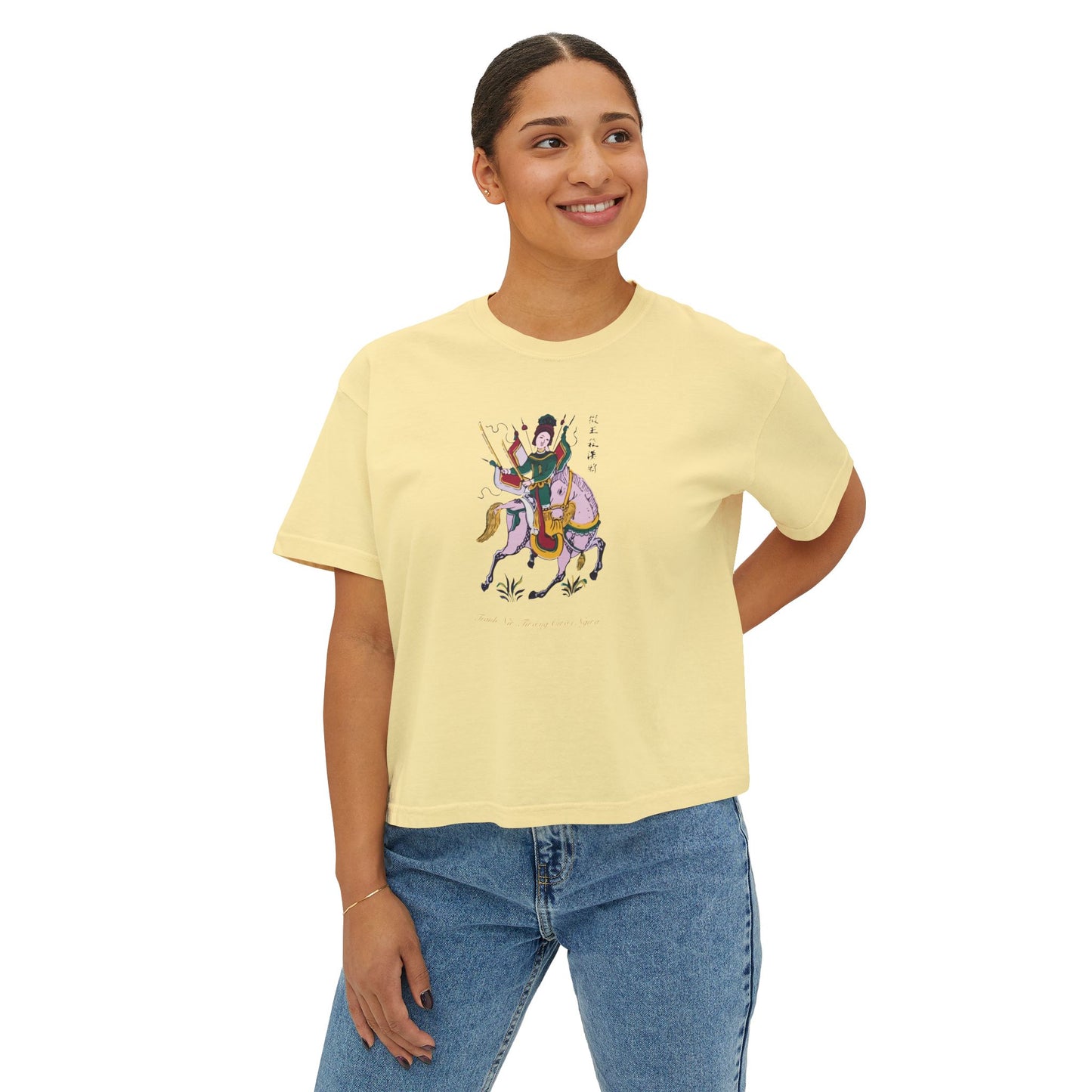 Premium Women's Boxy T-Shirt | Lady Trieu Riding Elephant (Dong Ho Folk Painting)