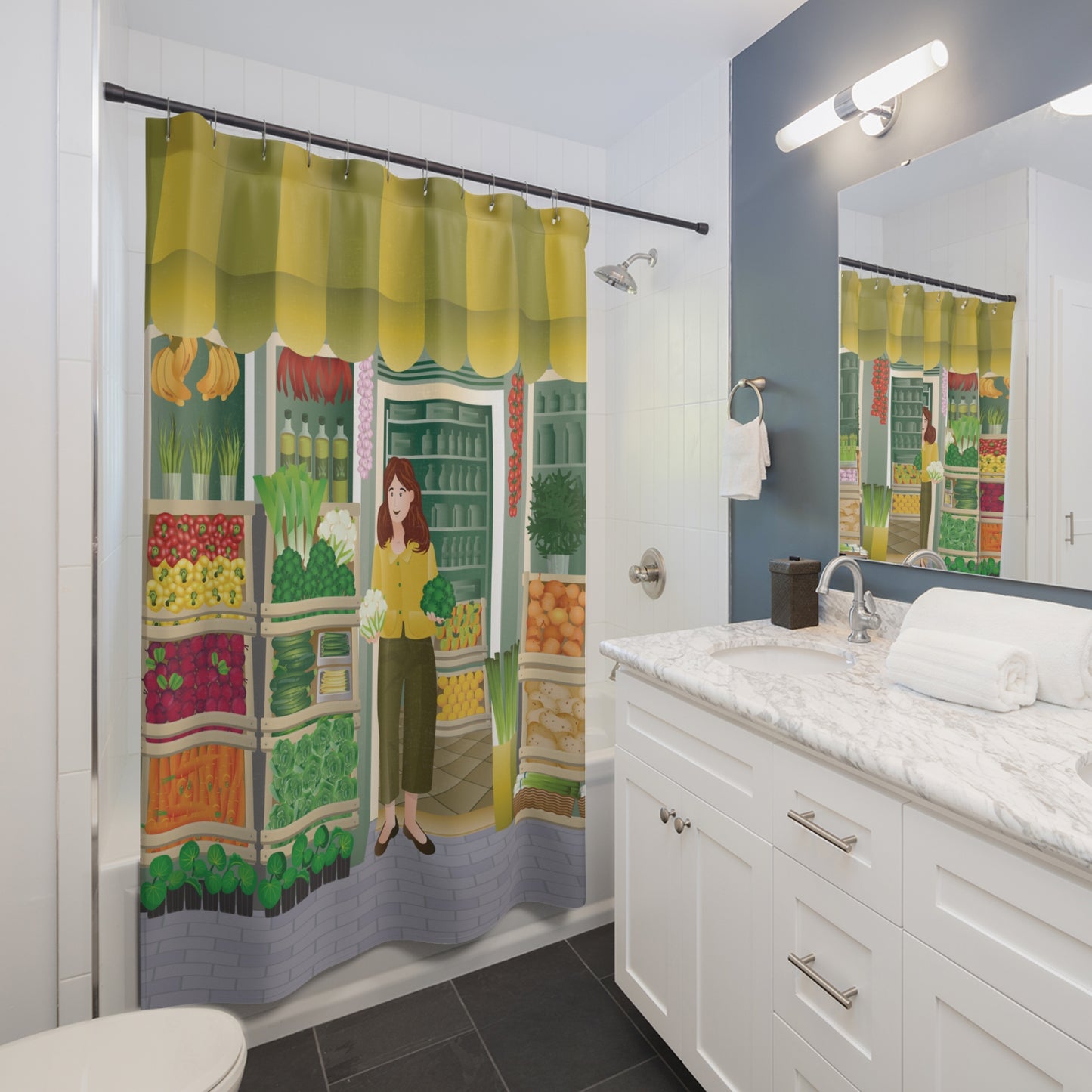 Shower Curtain | Girl Buying Vegetables | Everyday Art for Your Bathroom