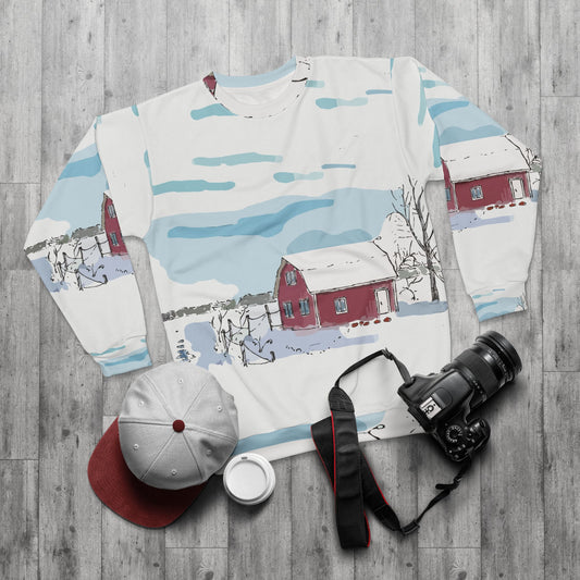 Unisex All-Over Print Sweatshirt | “Winter Cottage Serenity”