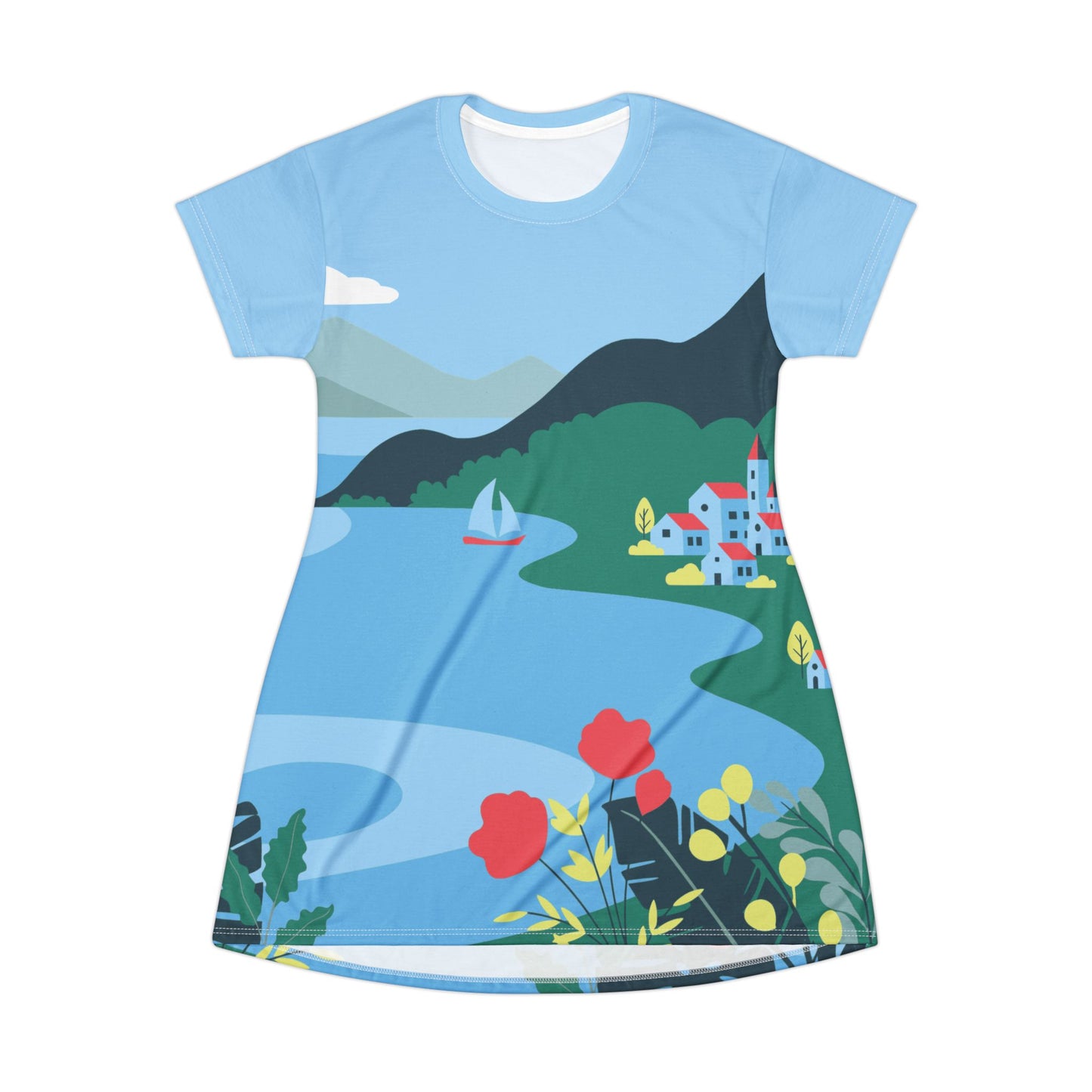 All-Over Print T-shirt Dress | Seaside Village & Mountain Scene | Effortless, Natural & Free-Spirited