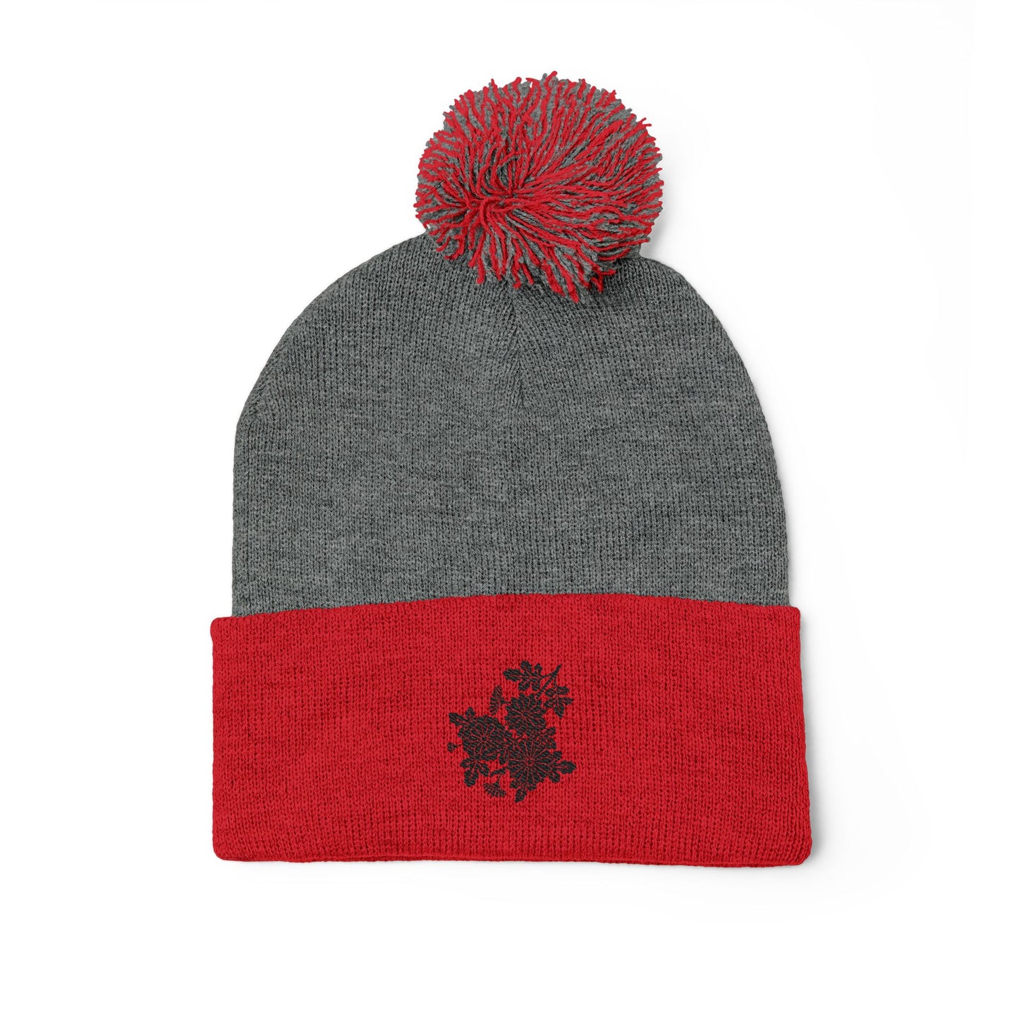 Decorative Floral Charm | Embroidered Pom-Pom Knit Cap