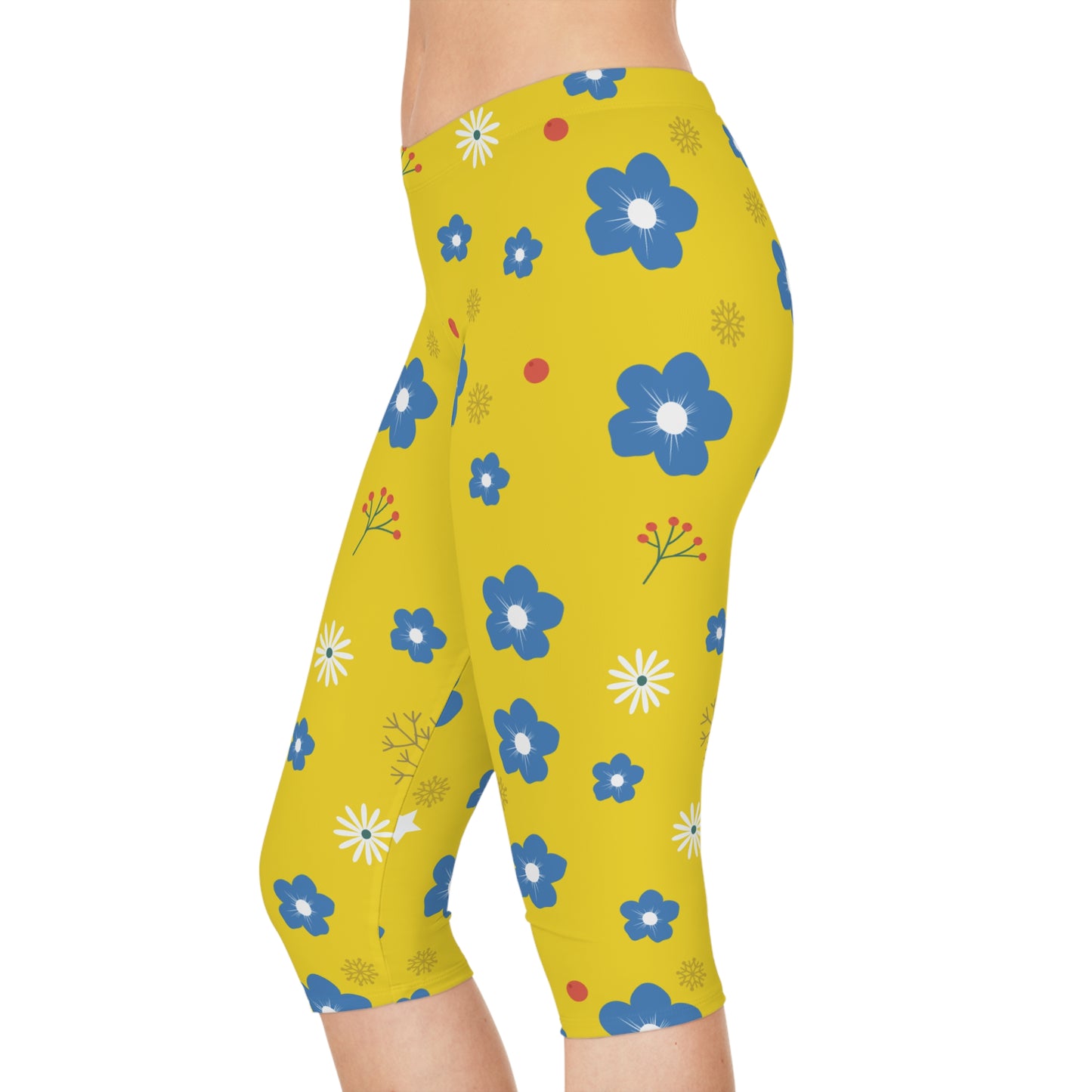 Blue Floral Capri Leggings on Yellow | Bright, Fun, and Perfect for Every Move