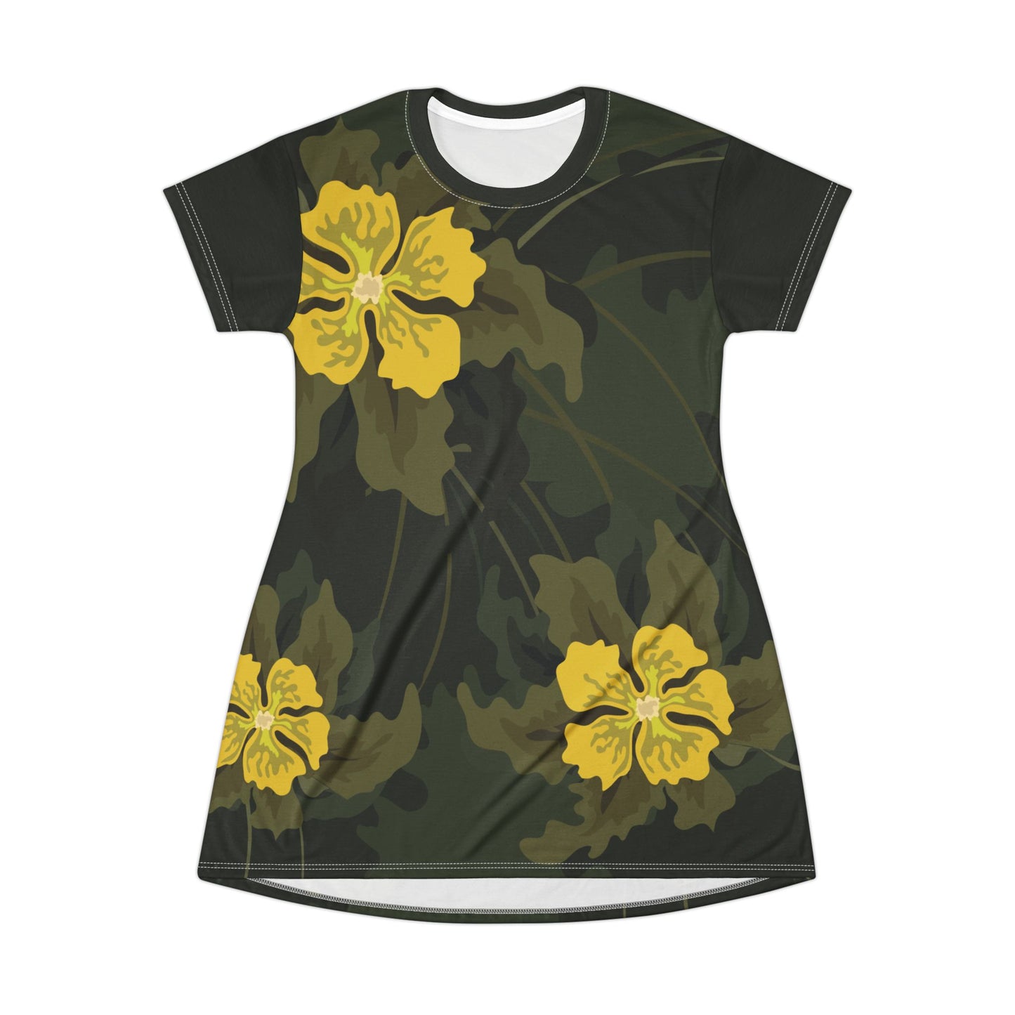 Yellow Flower on Green T-shirt Dress | Radiant Minimalist Charm