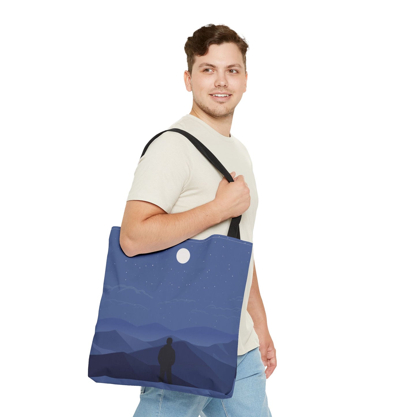 Artistic Tote Bag | Man Standing on Mountain Peak Watching the Moon