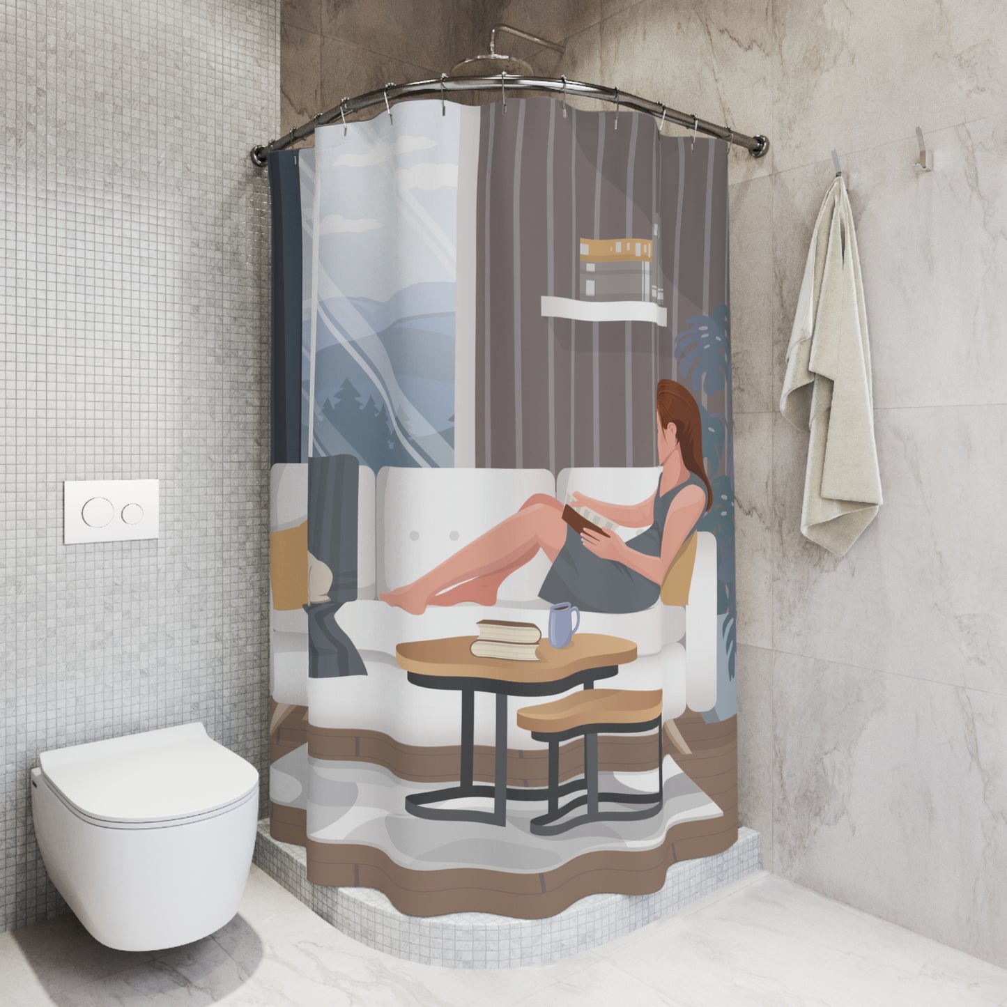 Daily Cozy Mood | Artistic Shower Curtain - Girl Reading with Dog