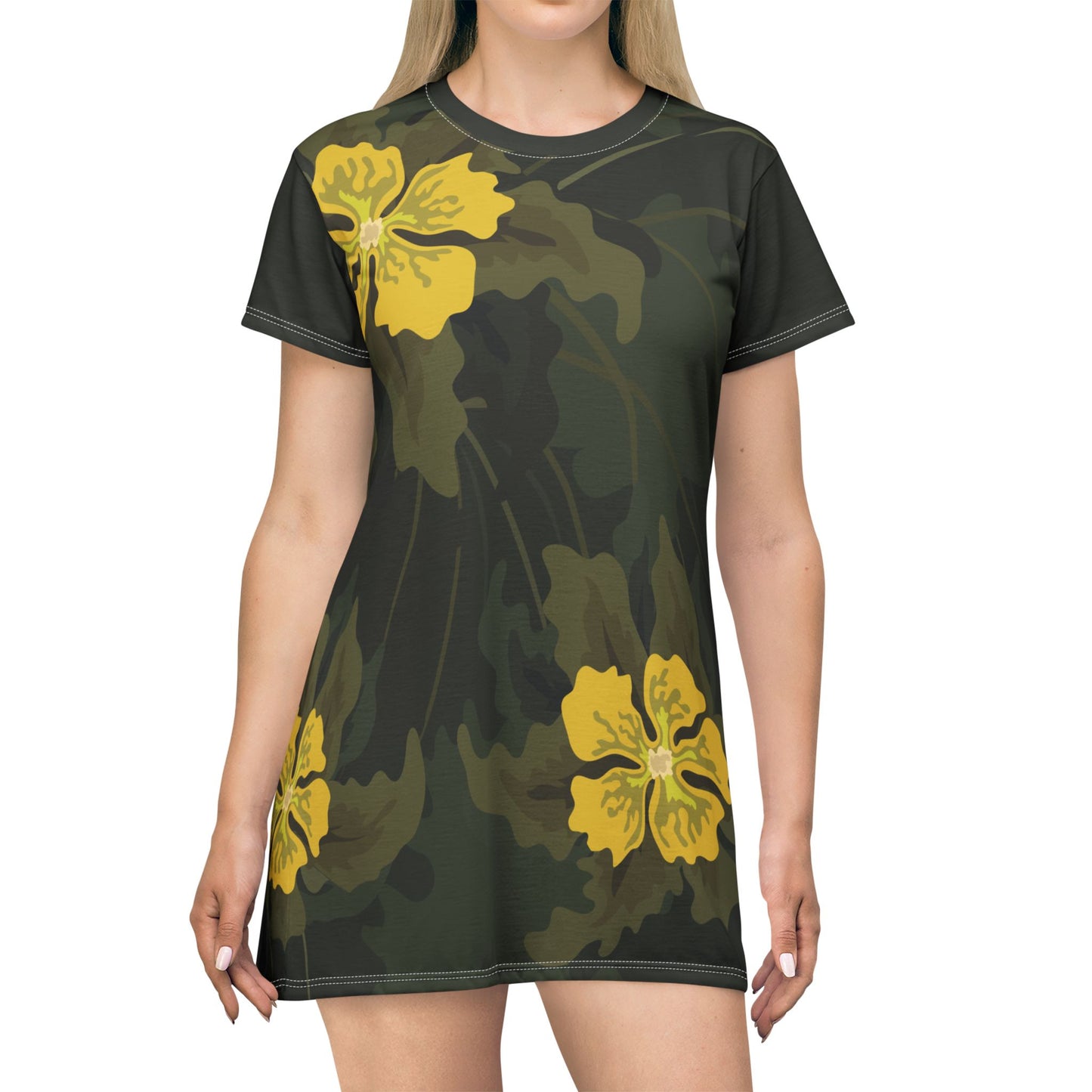 Yellow Flower on Green T-shirt Dress | Radiant Minimalist Charm
