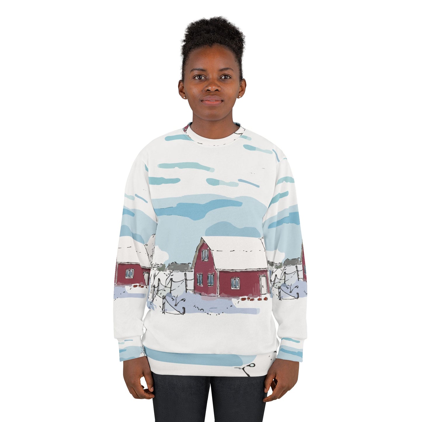 Unisex All-Over Print Sweatshirt | “Winter Cottage Serenity”