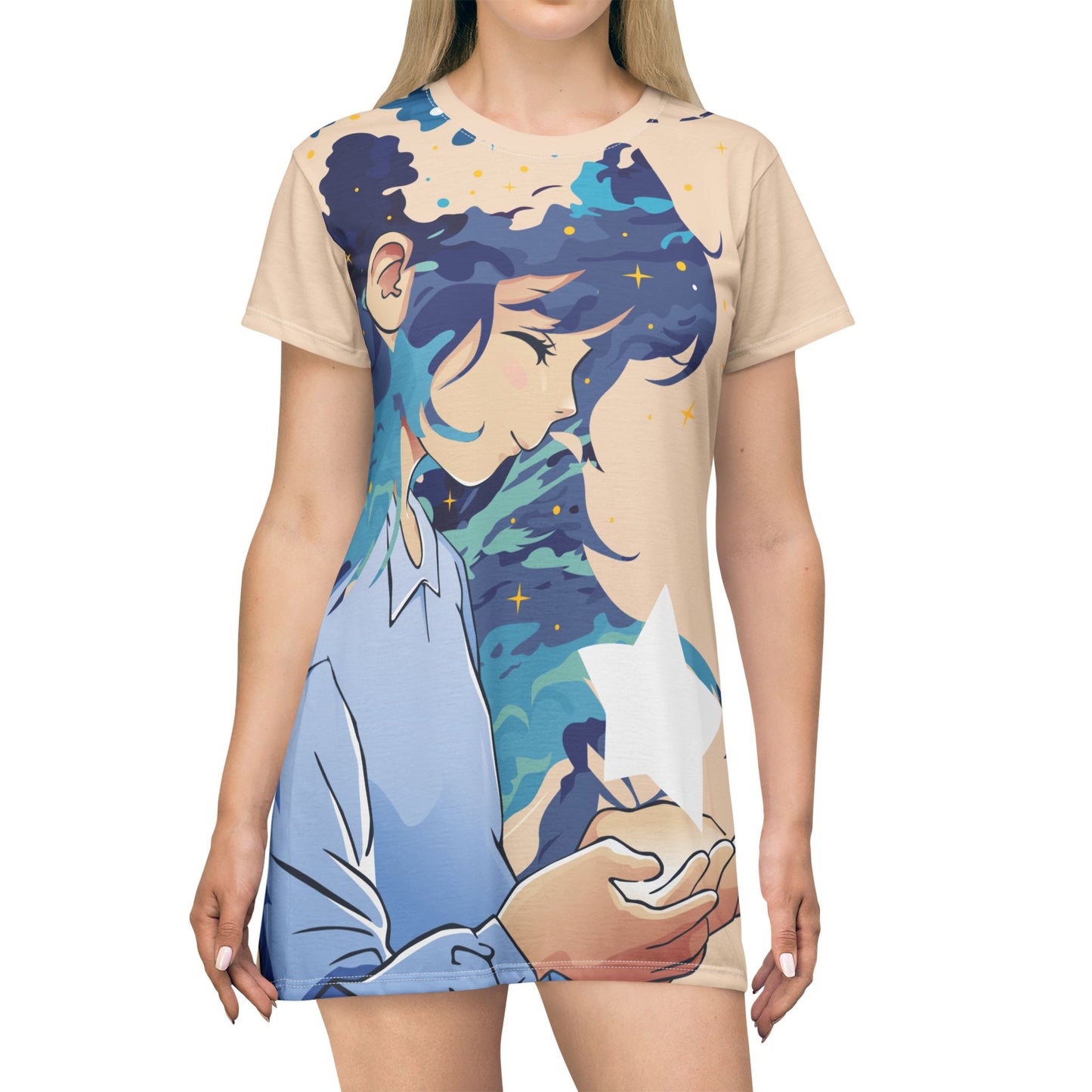Dream Star T-Shirt Dress | Artistic Girl Holding a Star Design | Casual Streetwear for Dreamers