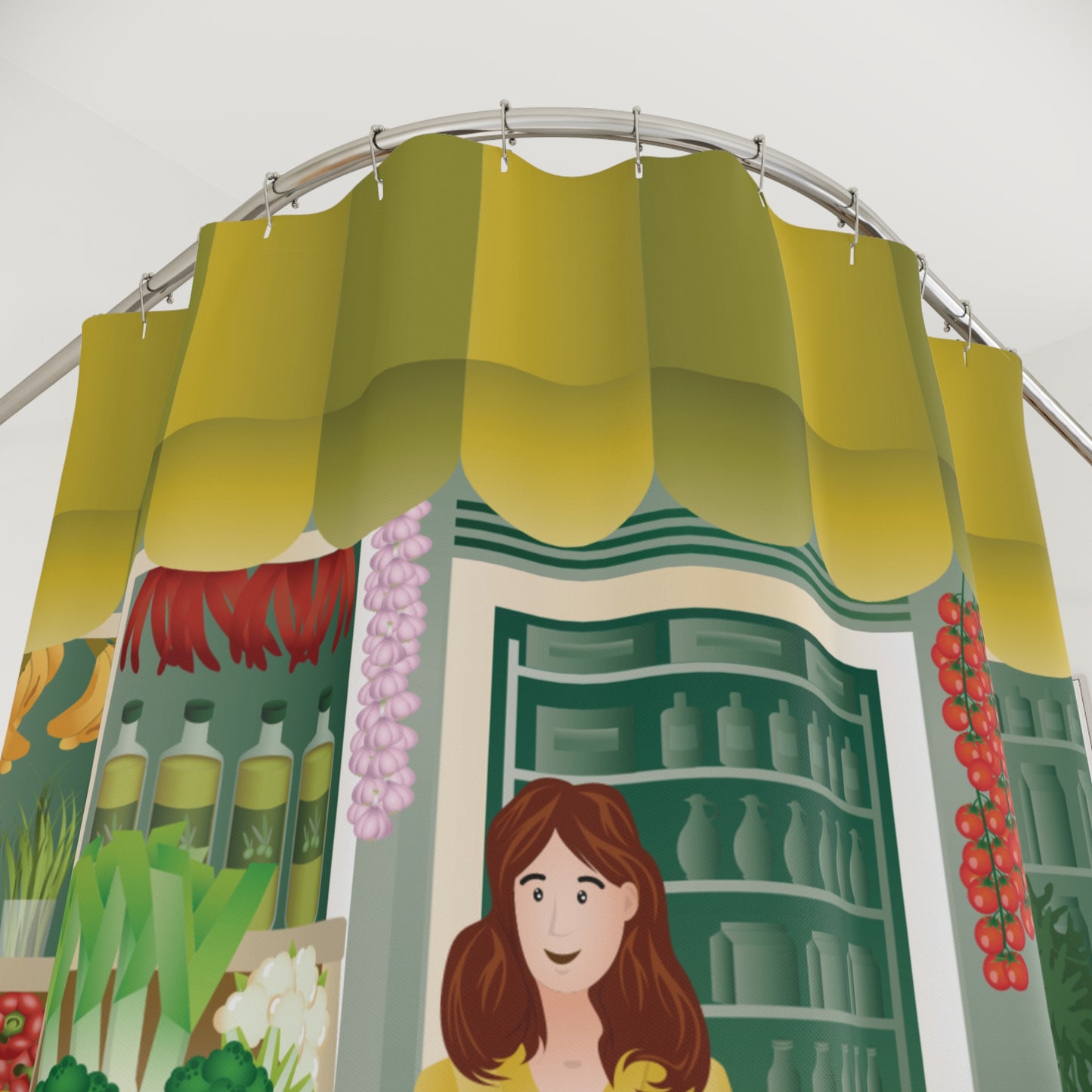 Shower Curtain | Girl Buying Vegetables | Everyday Art for Your Bathroom