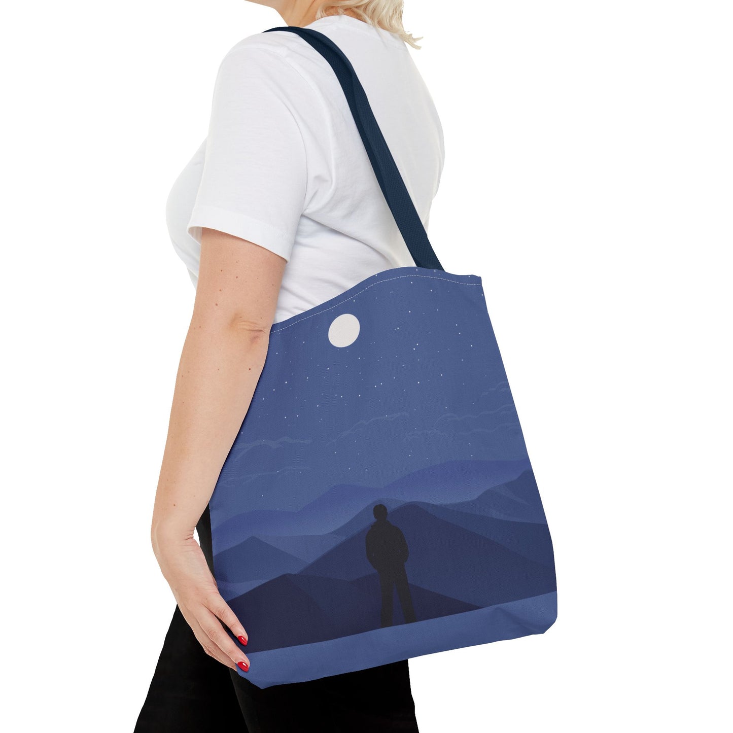 Artistic Tote Bag | Man Standing on Mountain Peak Watching the Moon