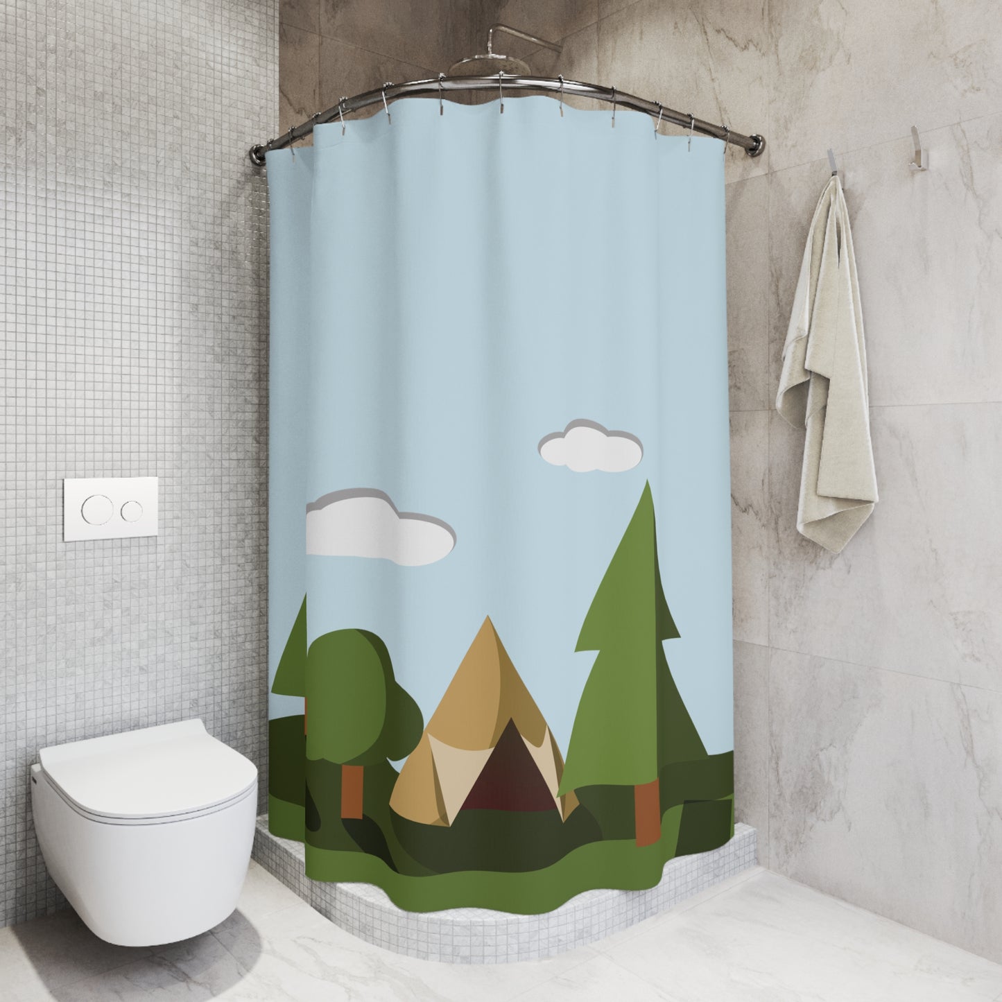 “Forest Dream” Shower Curtain | Tranquil Camping Scene in the Woods