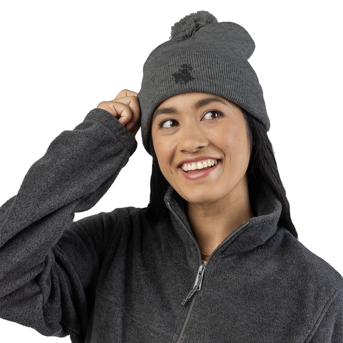 Decorative Floral Charm | Embroidered Pom-Pom Knit Cap