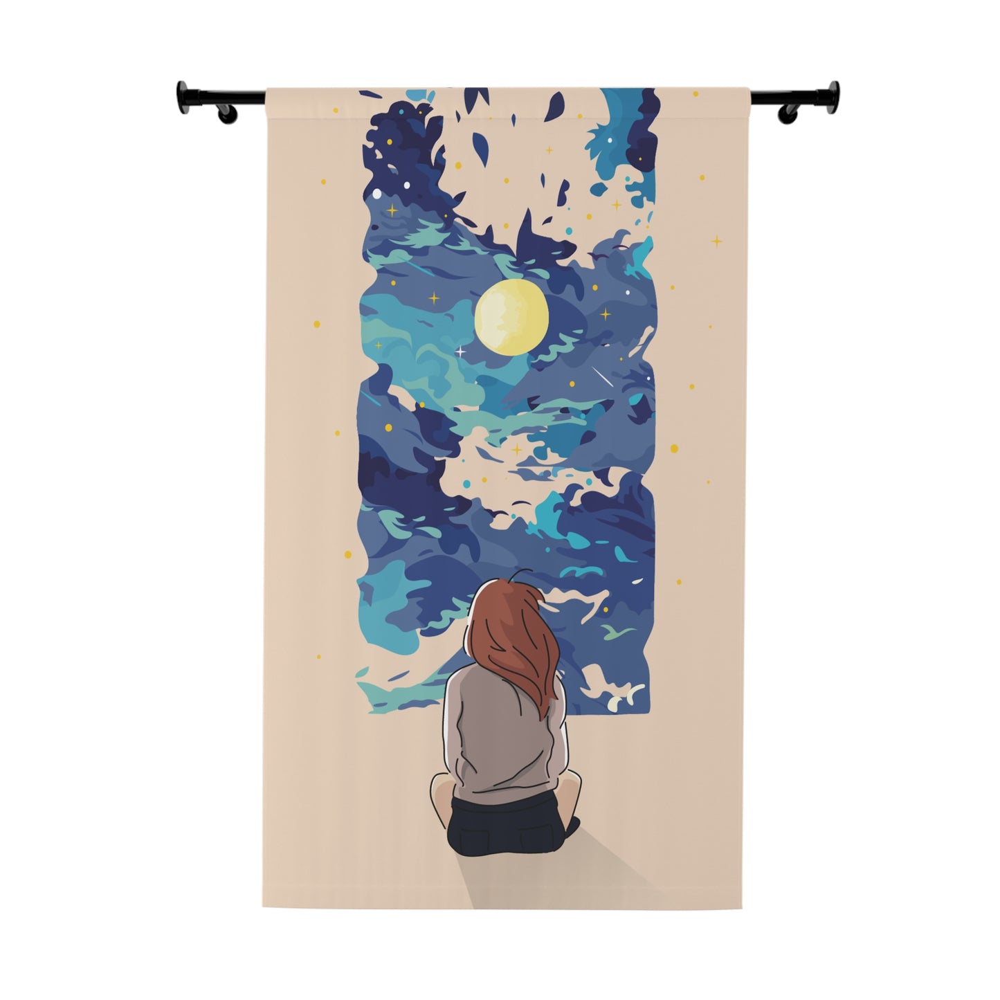 MoonVista | One-Panel Window Curtain Featuring Girl Gazing at Moon and Stars