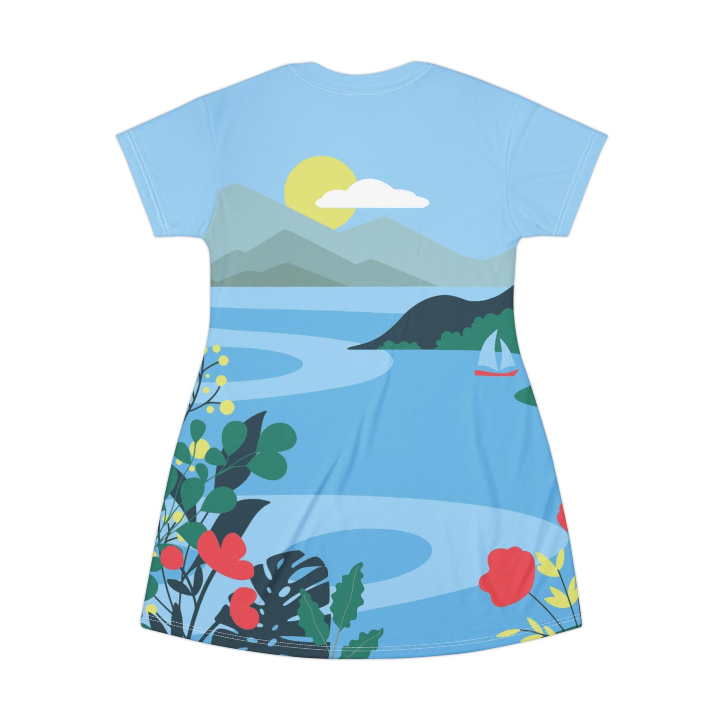 All-Over Print T-shirt Dress | Seaside Village & Mountain Scene | Effortless, Natural & Free-Spirited
