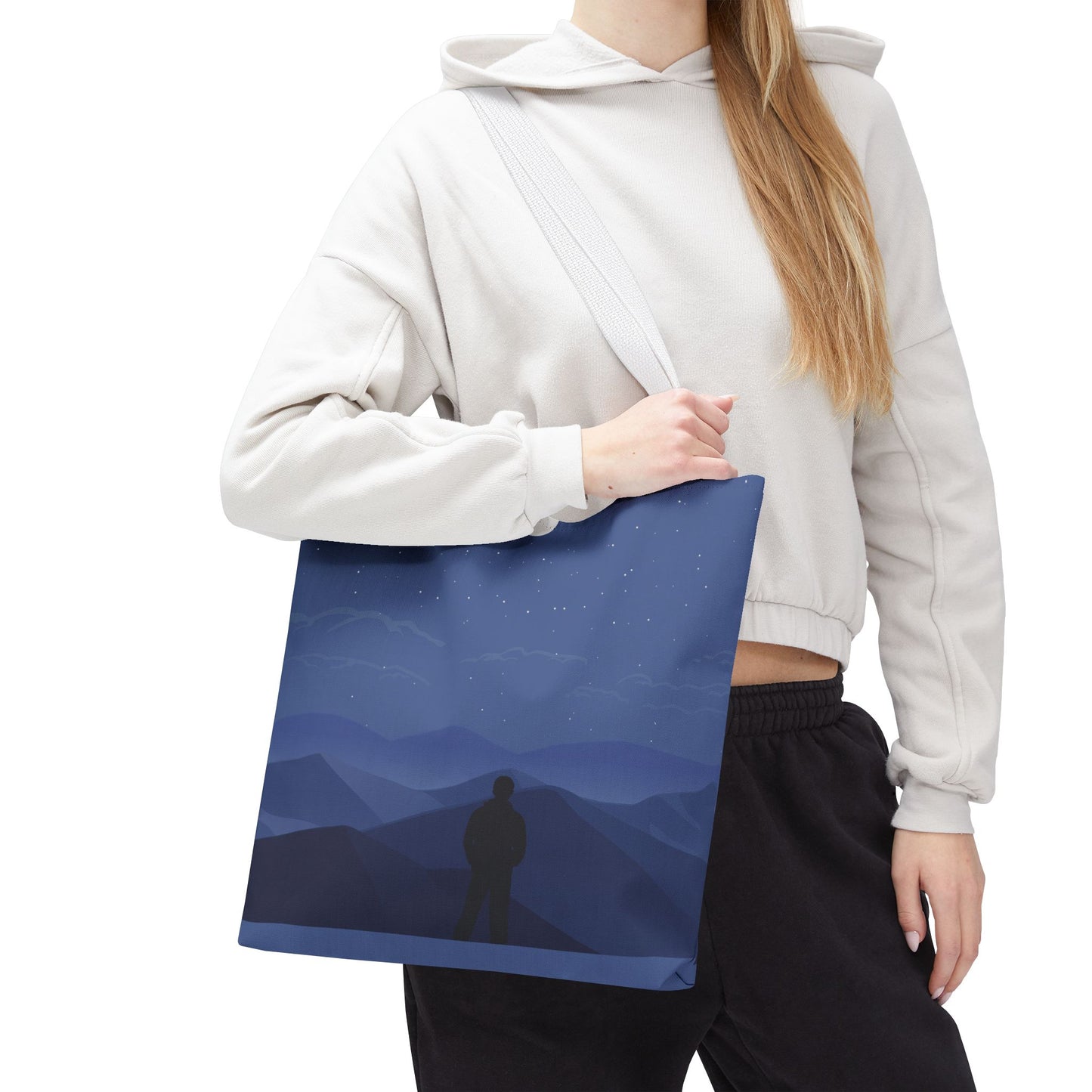 Artistic Tote Bag | Man Standing on Mountain Peak Watching the Moon
