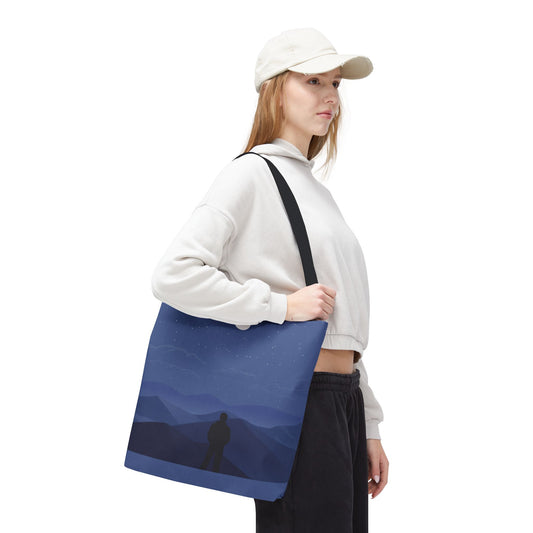 Artistic Tote Bag | Man Standing on Mountain Peak Watching the Moon