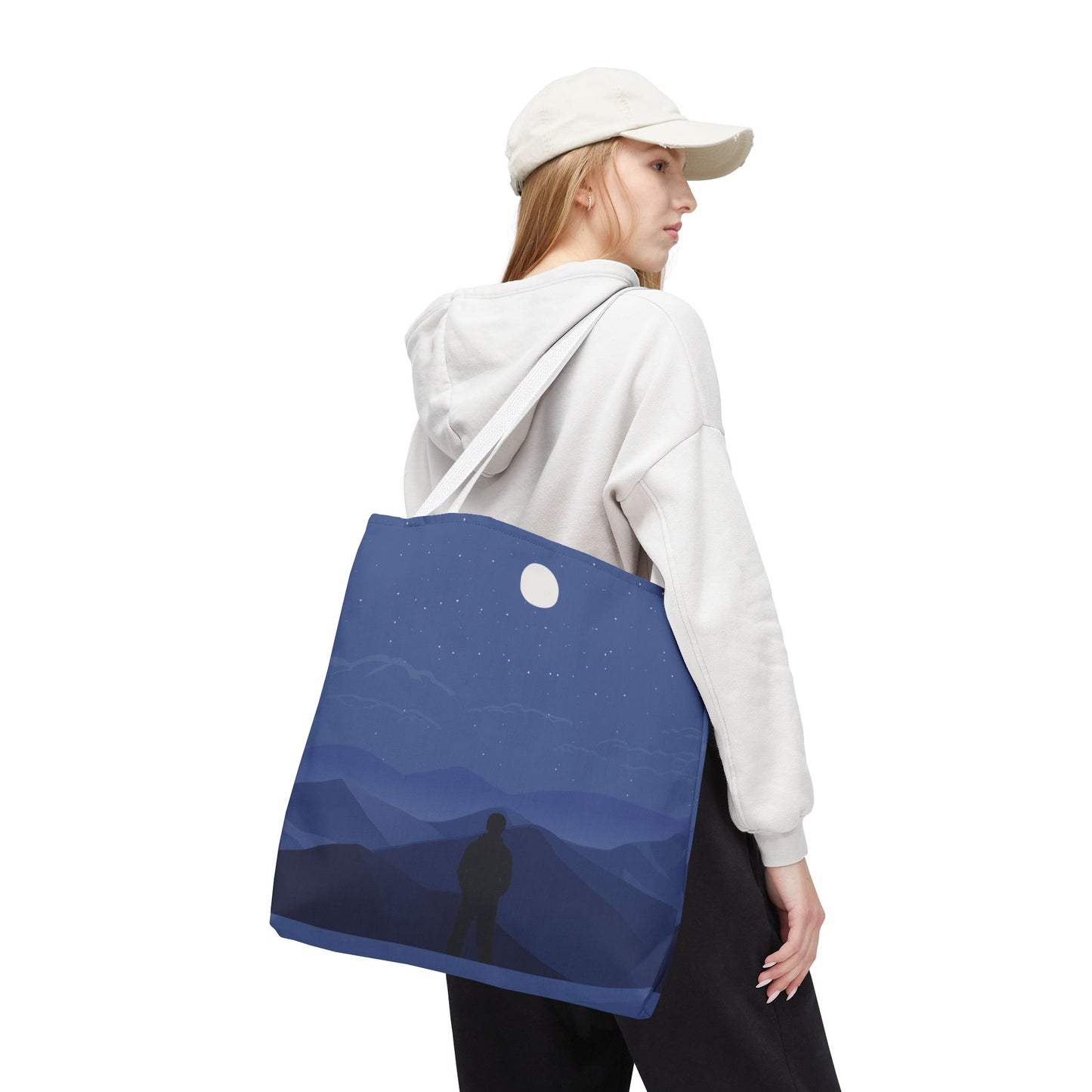 Artistic Tote Bag | Man Standing on Mountain Peak Watching the Moon