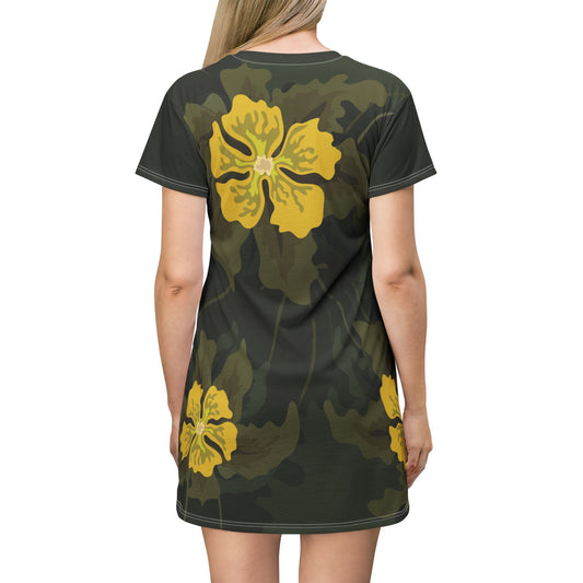 Yellow Flower on Green T-shirt Dress | Radiant Minimalist Charm